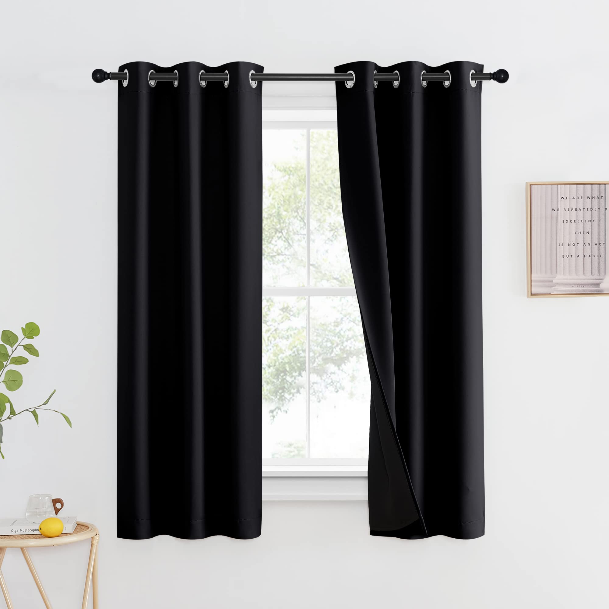 NICETOWN 100% Blackout Window Curtain Panel, Full Light Blocking Drape with Black Liner for Nursery, 72 inches Drop Thermal Bedr