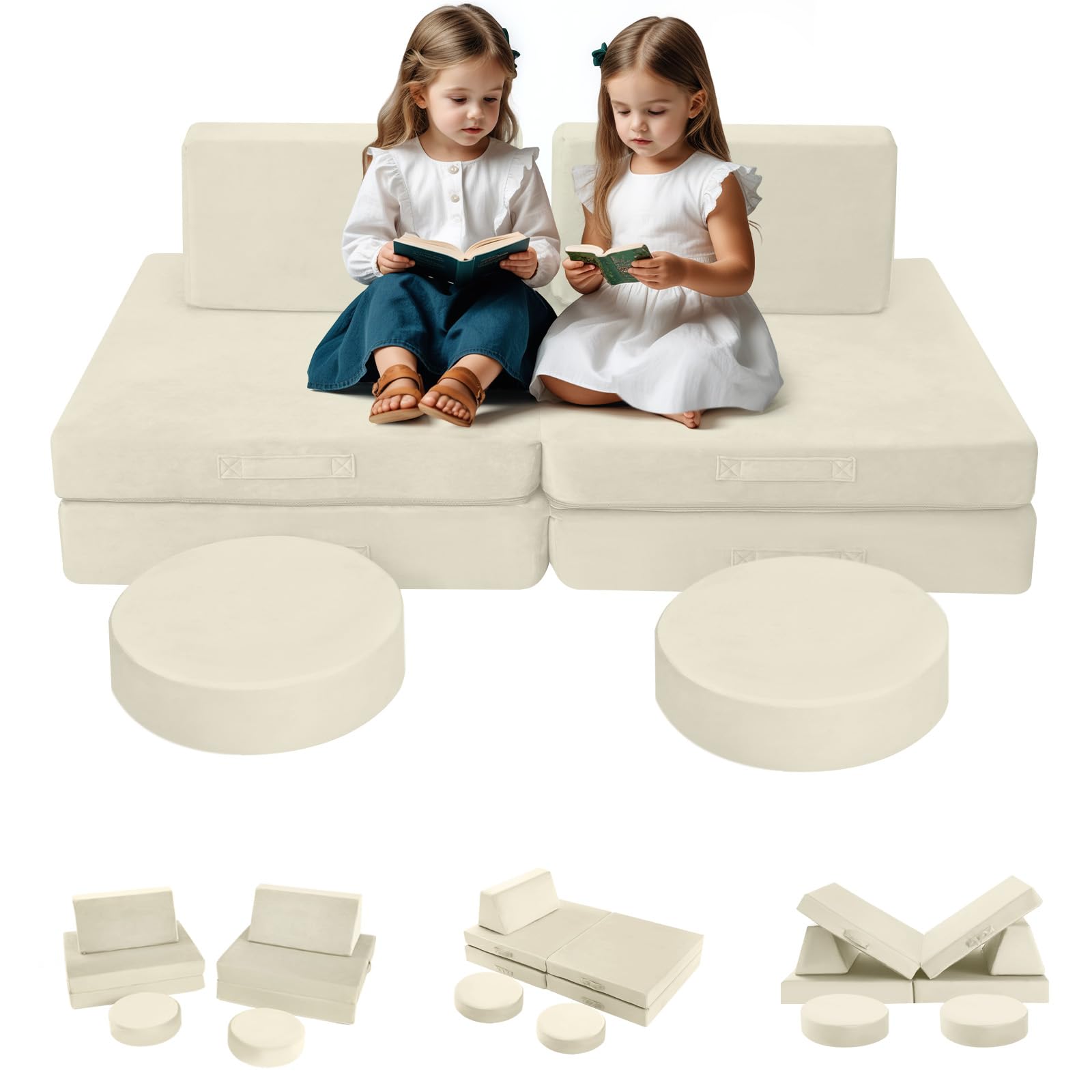 MeMoreCool Modular Kids Play Couch for Toddlers, Beige Foam Sofa and Building Fort Explorer Set for Playroom