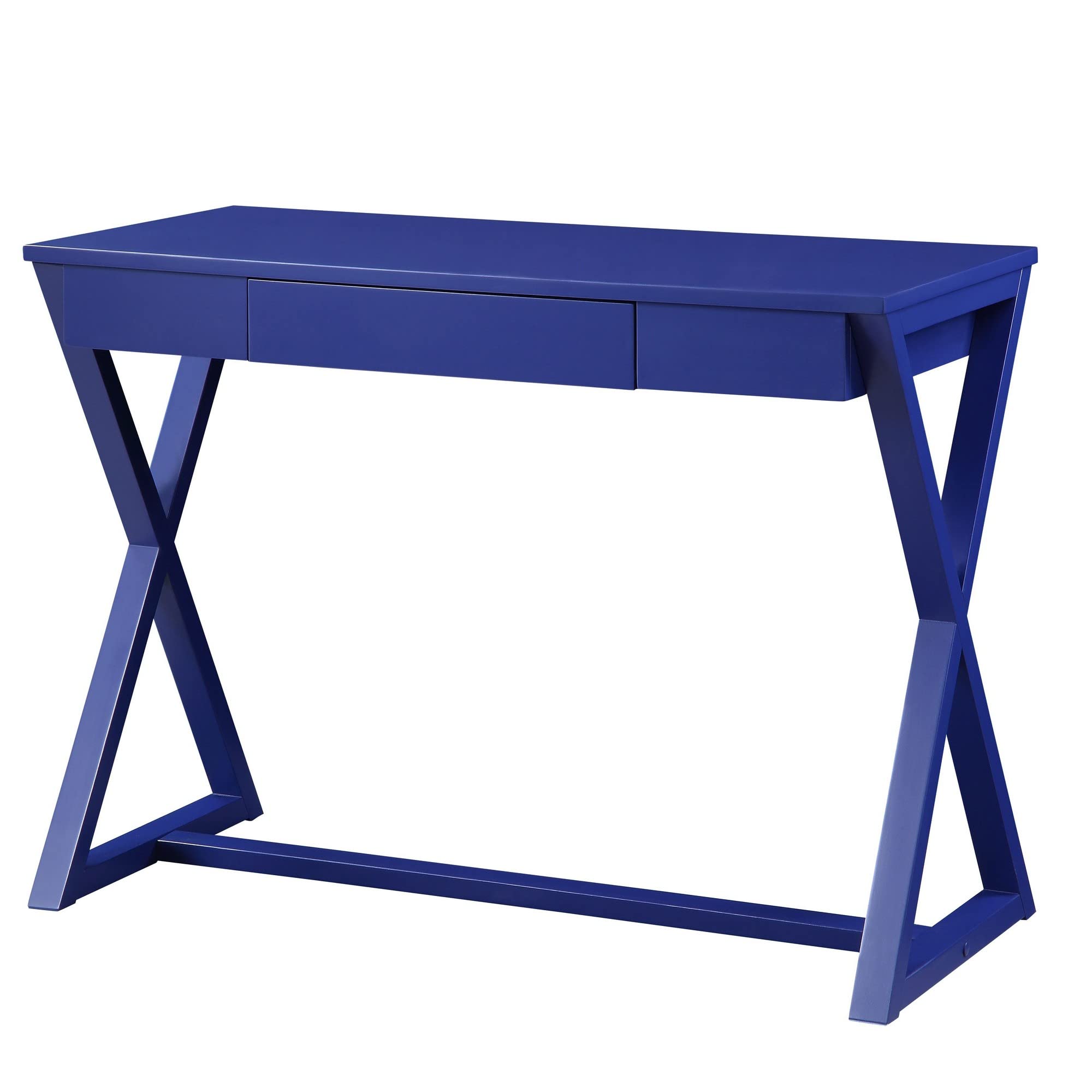 Benjara Writing Desk with X Base and 1 Center Drawer, Blue