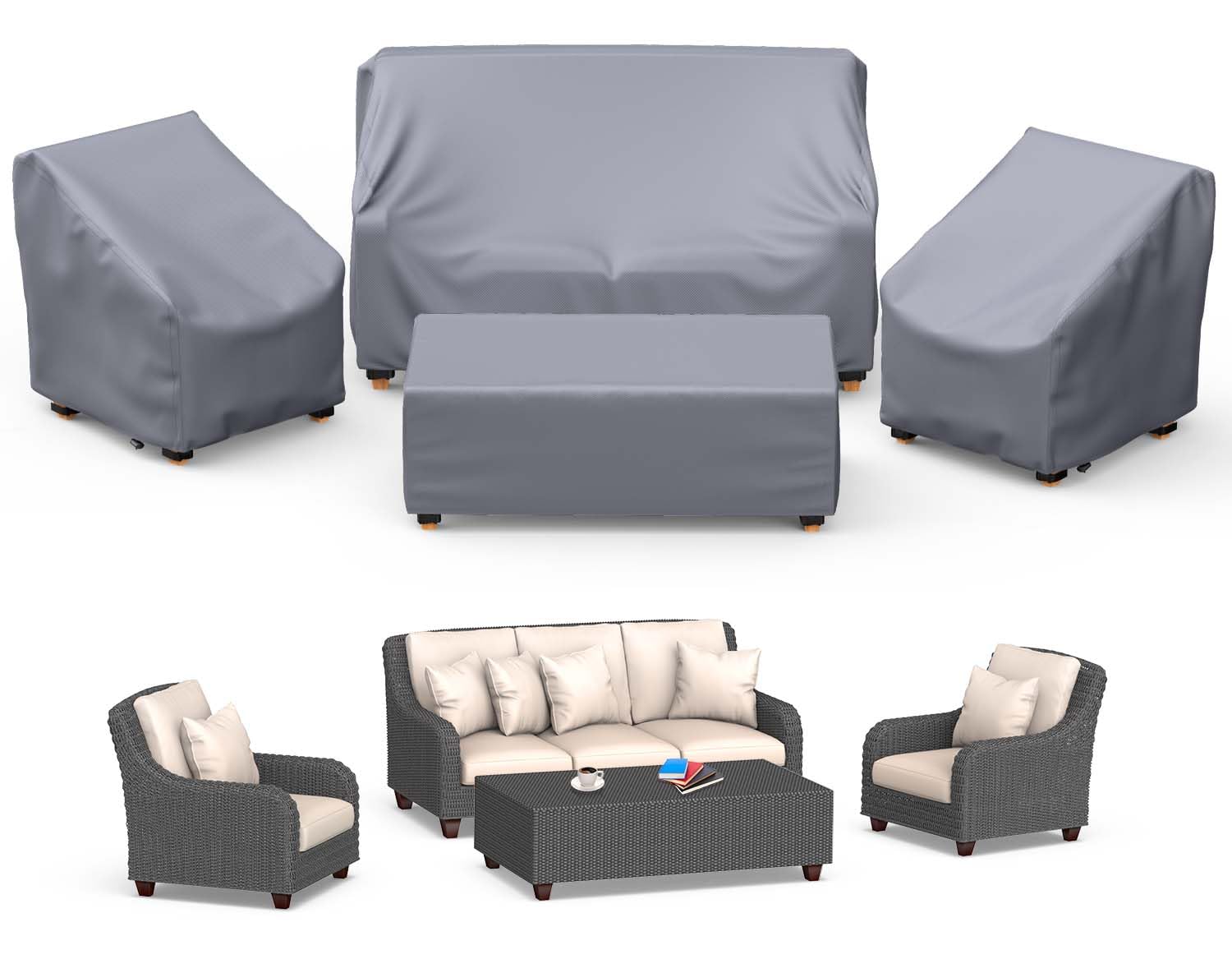 Mrrihand Patio Furniture Covers - 4 Piece Outdoor Furniture Set with Waterproof Sofa, Chair, Coffee Table Covers - Windproof Buc