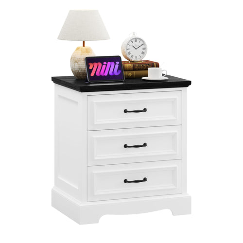 21.7 W White Farmhouse Nightstand with Charging Station,Wood Night Stand End Table with 3 Drawers Storage, Modern Side Table Bed