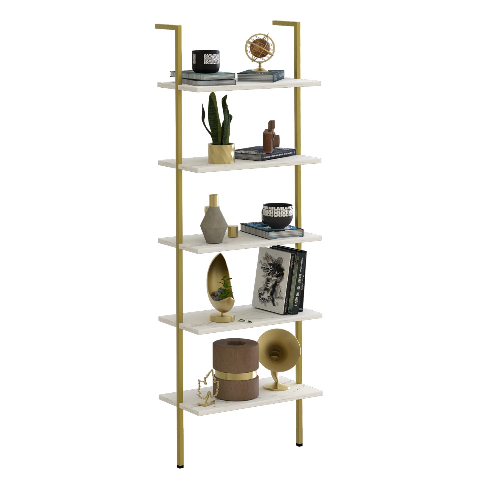 aboxoo Ladder Shelf White Marble Bookshelf 5-Tier Wall-Mounted Wood Rack Industrial Modern Plant Flower Stand Utility Organizer 