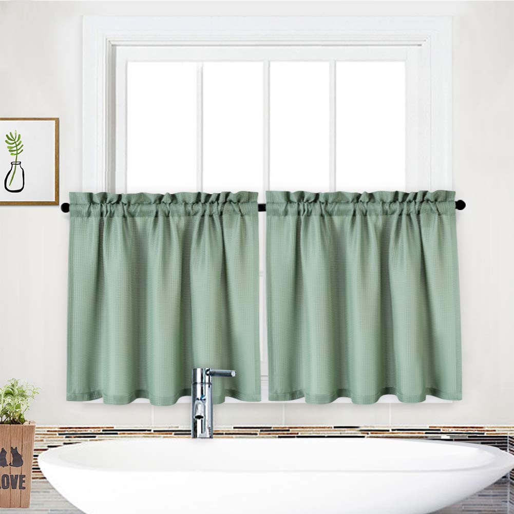 NANAN Waffle Woven Textured Short Curtains for Bathroom Waterproof Window Covering for Kitchen - 30 x 30, Sage, Set of 2
