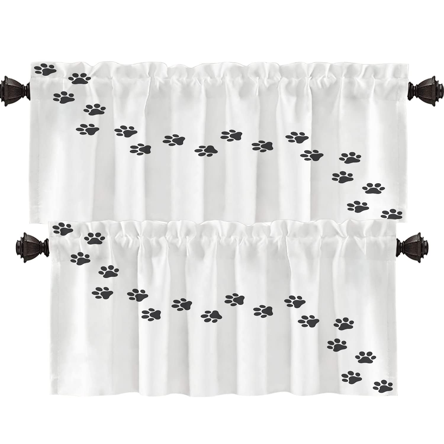 Shrahala Dog Animal Paw Cat Art Kitchen Valances, Black Paw Print Pattern Half Window Curtain Window Treatment Multilayer Polyes
