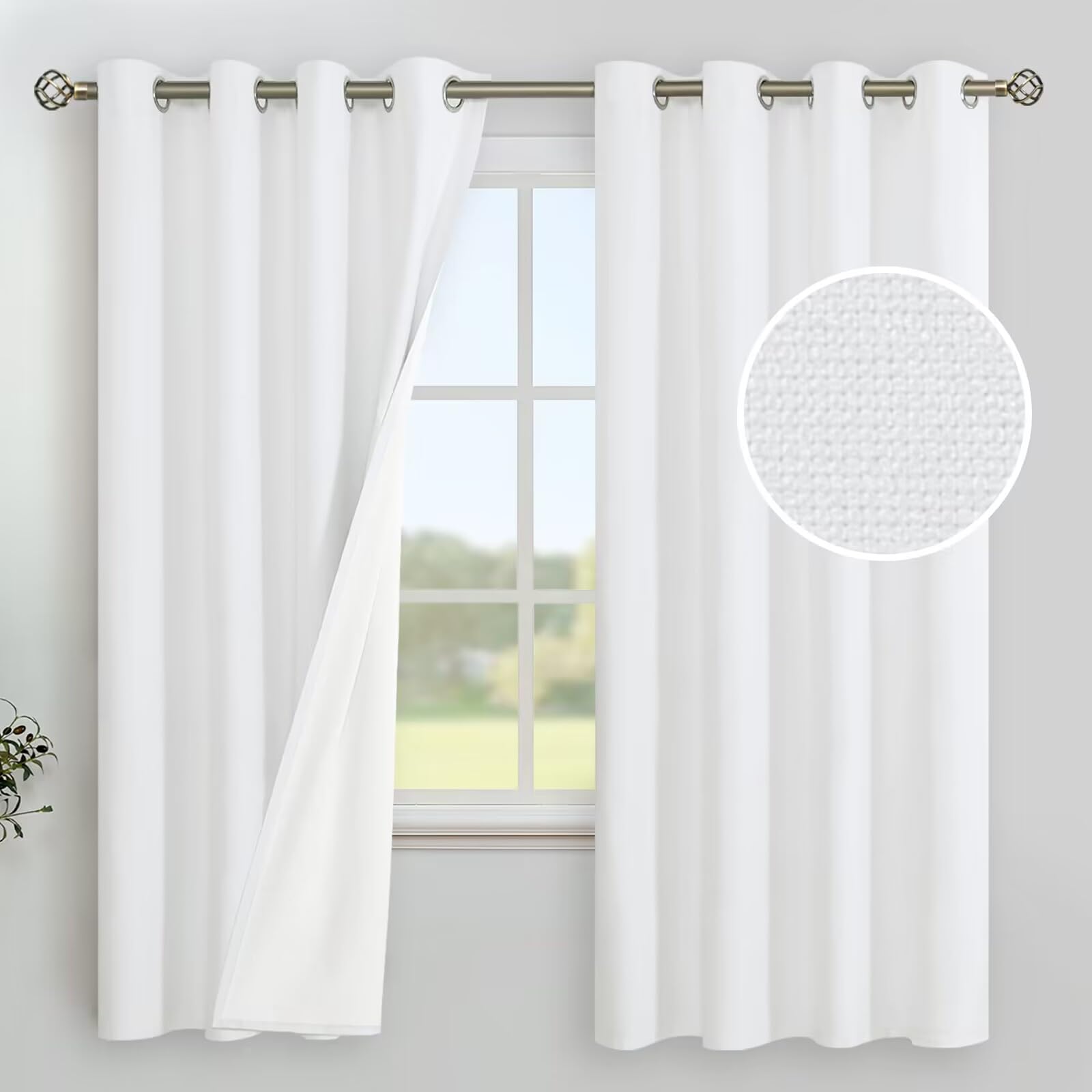 YoungsTex White Linen Blackout Curtains 63 Inches Length for Bedroom, Grommet Full Room Darkening Thermal Insulated Window Drape