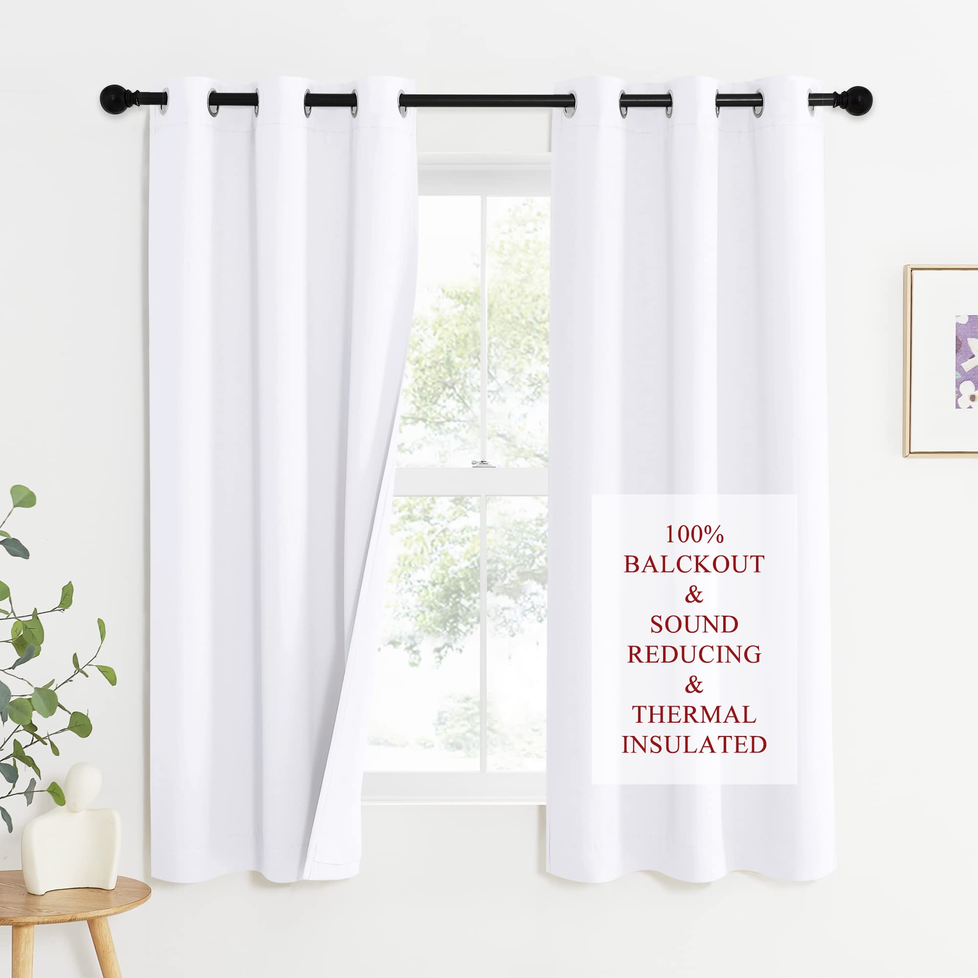 NICETOWN Sound Blocking White 100% Blackout Lined Curtains, 3 Thick Layers Completely Blackout Noise Control Window Treatment In