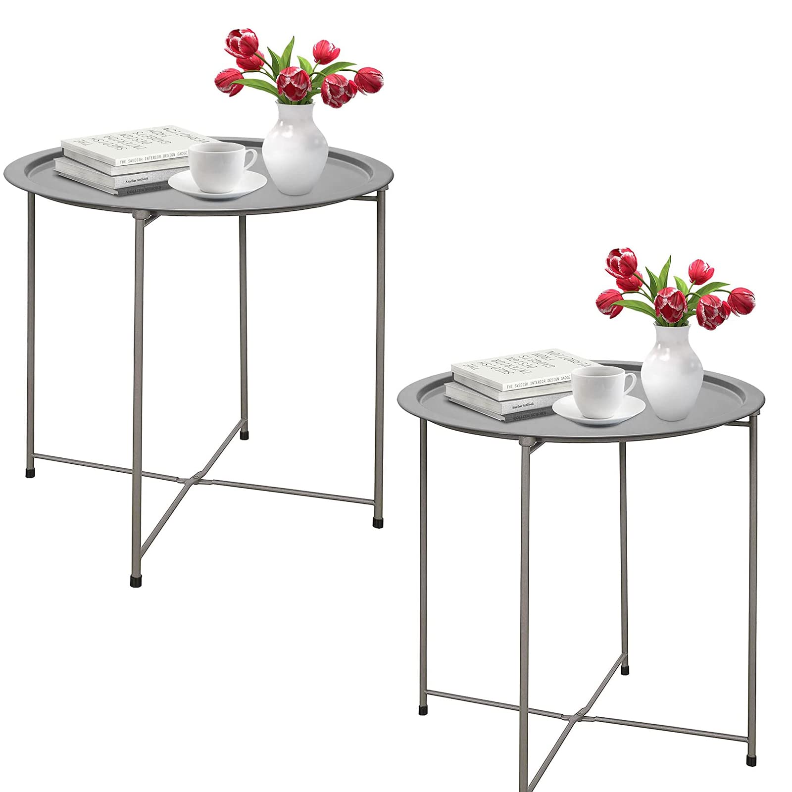 Garden 4 you Folding Tray Metal Side Table 2PC Grey Round End Table Cyan Sofa Small Accent Fold-able Table, Round End Table Tray