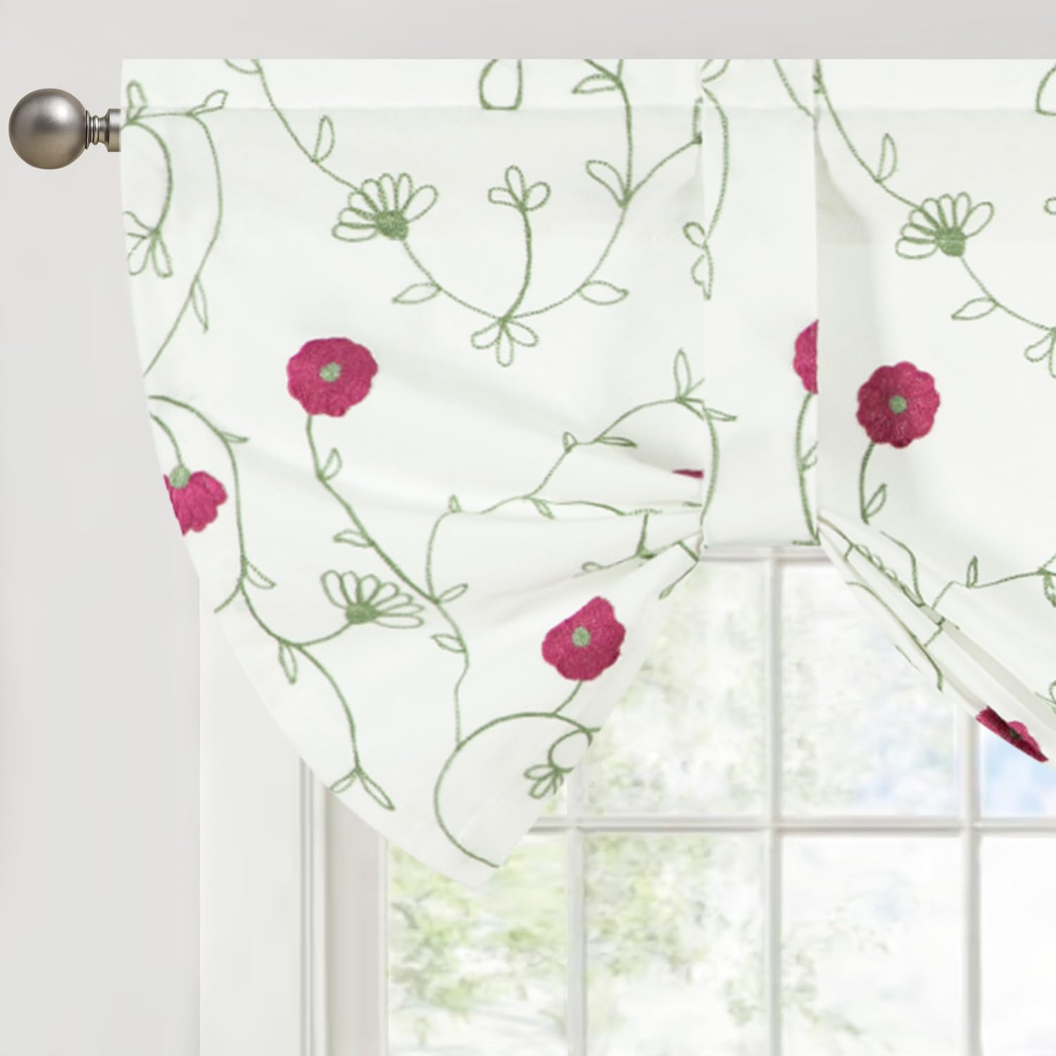 VOGOL Decorative Tie Up Kitchen Valance Curtains, Pink Flower Embroidery Small Window Curtain Valance Top Pocket 18 Inch Long, O