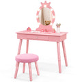 HONEY JOY Kids Vanity with Lights, Princess Wooden Makeup Table & Stool with Drawer, 3-Color LED Lights, Toddler Dressing Vanity