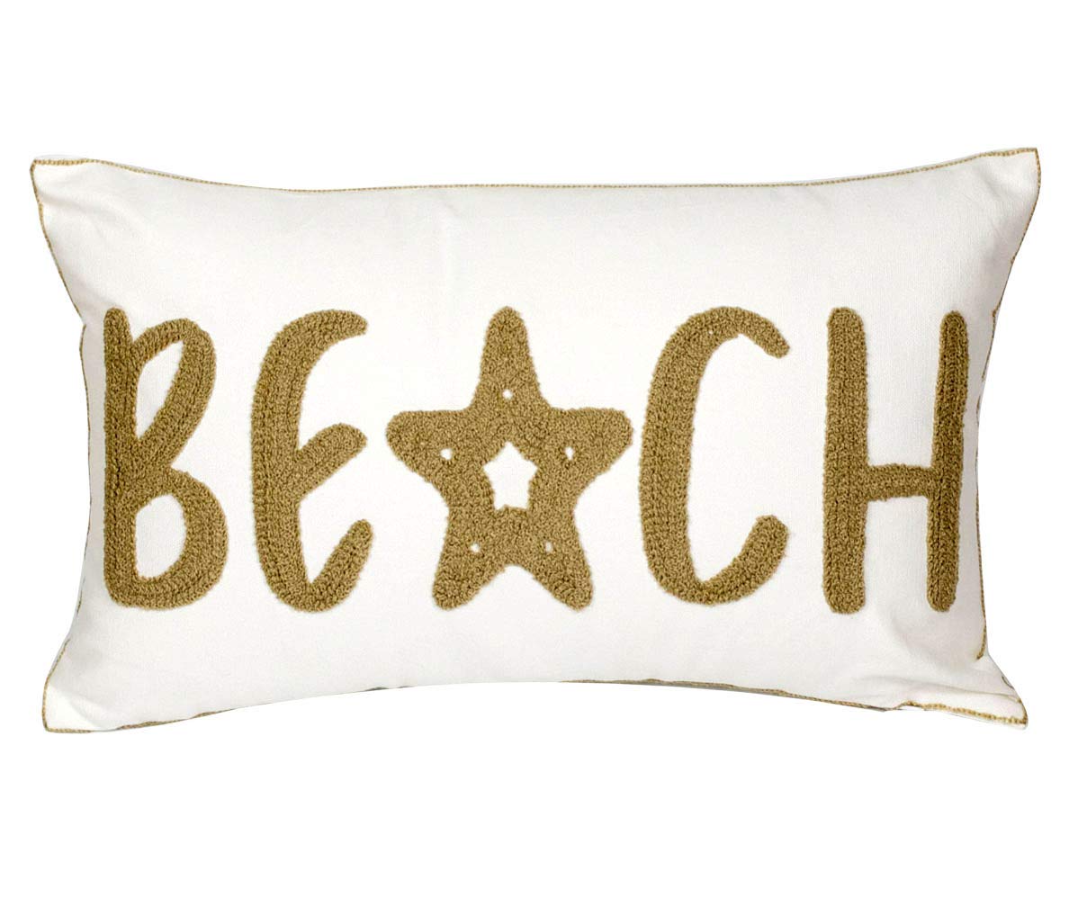 DECOPOW Embroidered Beach Throw Pillow Cover,Beach Decorative Canvas Pillow Cover for Nautical Style Deco 12 X 20 Inches(Wheat B