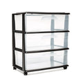 HOMZ Drawer Tower, 3-Tier Wide Clear Plastic Storage Organizer Cart, Black Frame