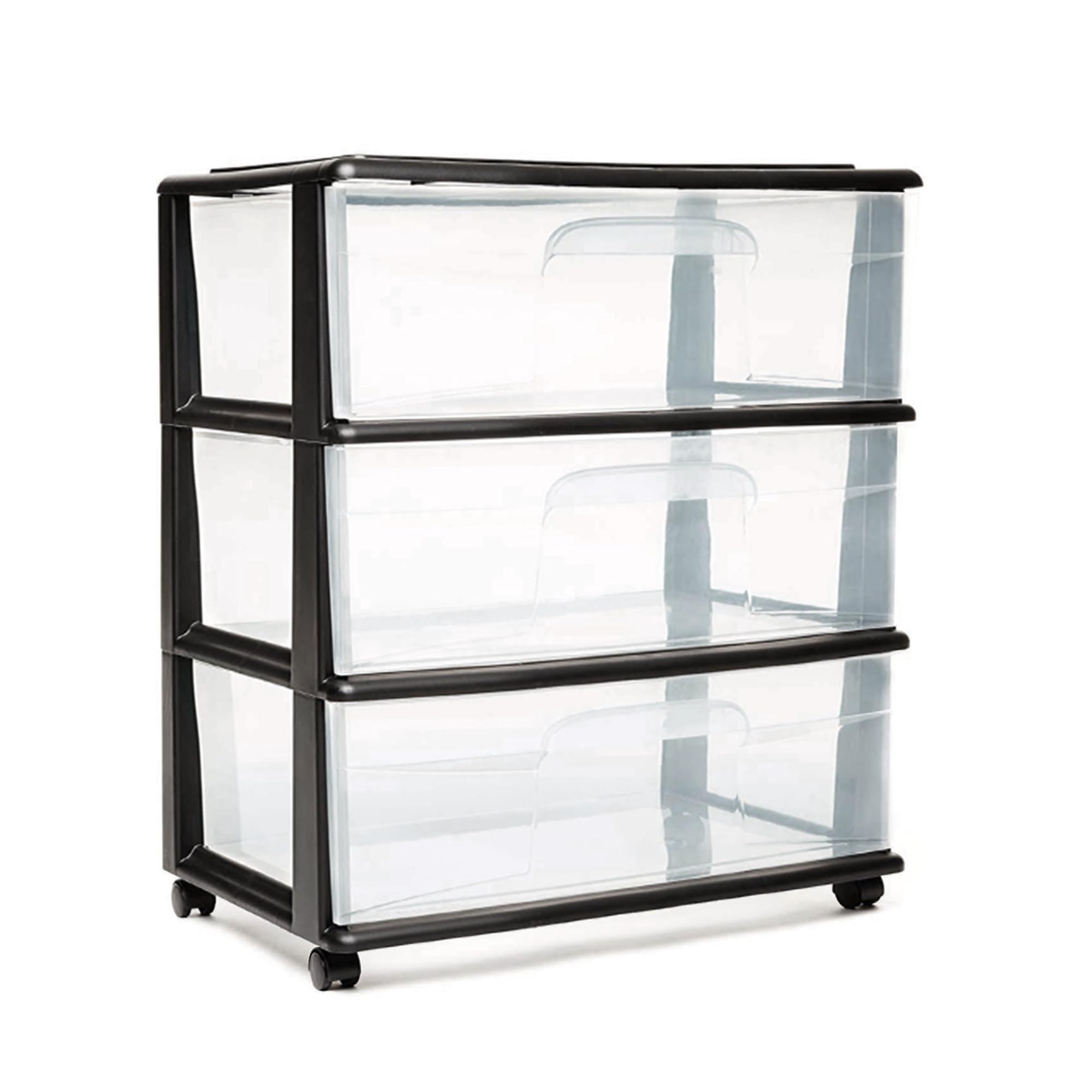 HOMZ Drawer Tower, 3-Tier Wide Clear Plastic Storage Organizer Cart, Black Frame