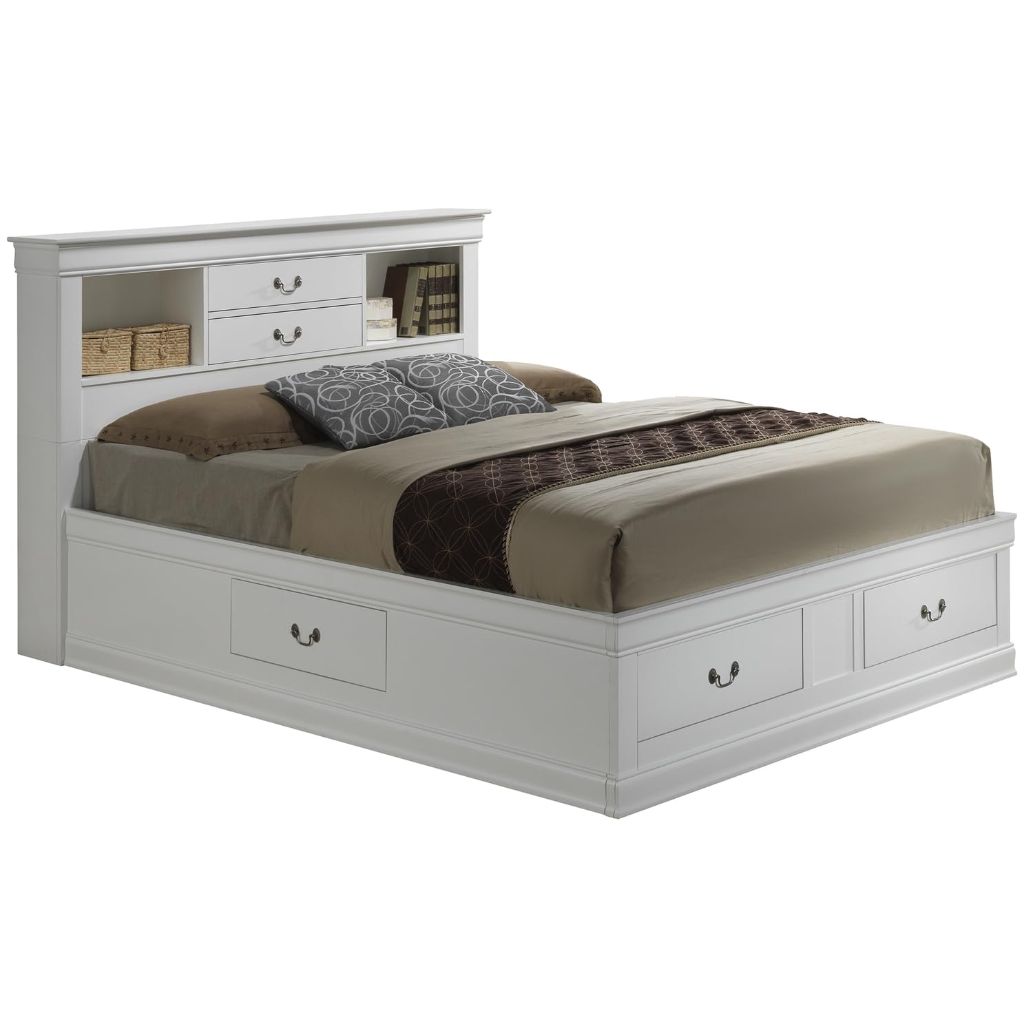 Passion Furniture Indoor Modern Home Decorative Bedroom Bedding Frame Louis Philippe White Full Storage Platform Bed with 6 Stor