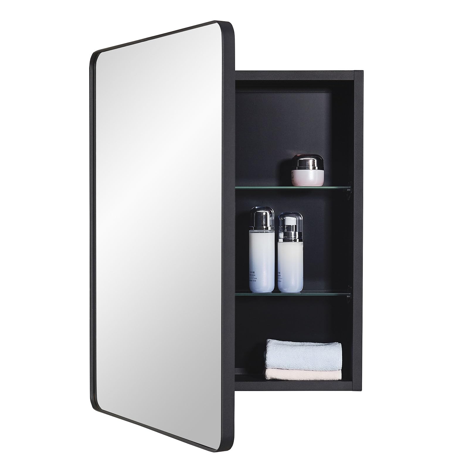IDYLLOR Black Bathroom Mirror Medicine Cabinet with Round Corner Framed Door 20 x 26 inch, Recessed or Surface Mount, with Adjus