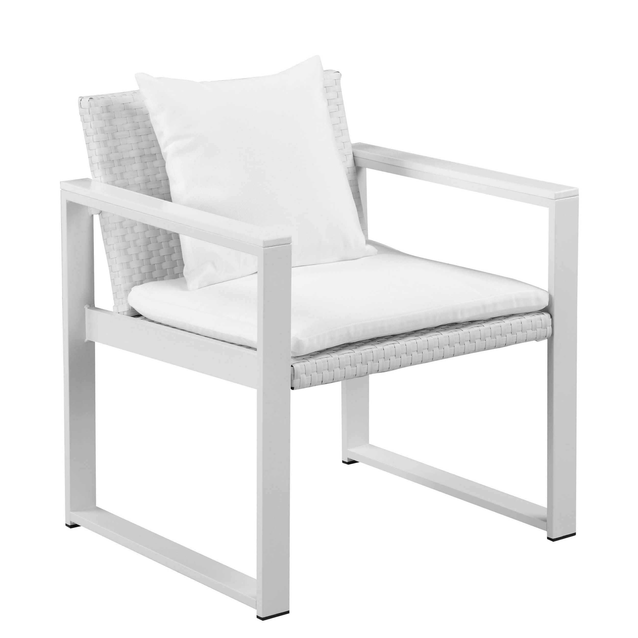 Benjara BM287794 Patio Lark 28 Inch Outdoor Armchair, All Weather Rattan Backrest, White Fabric