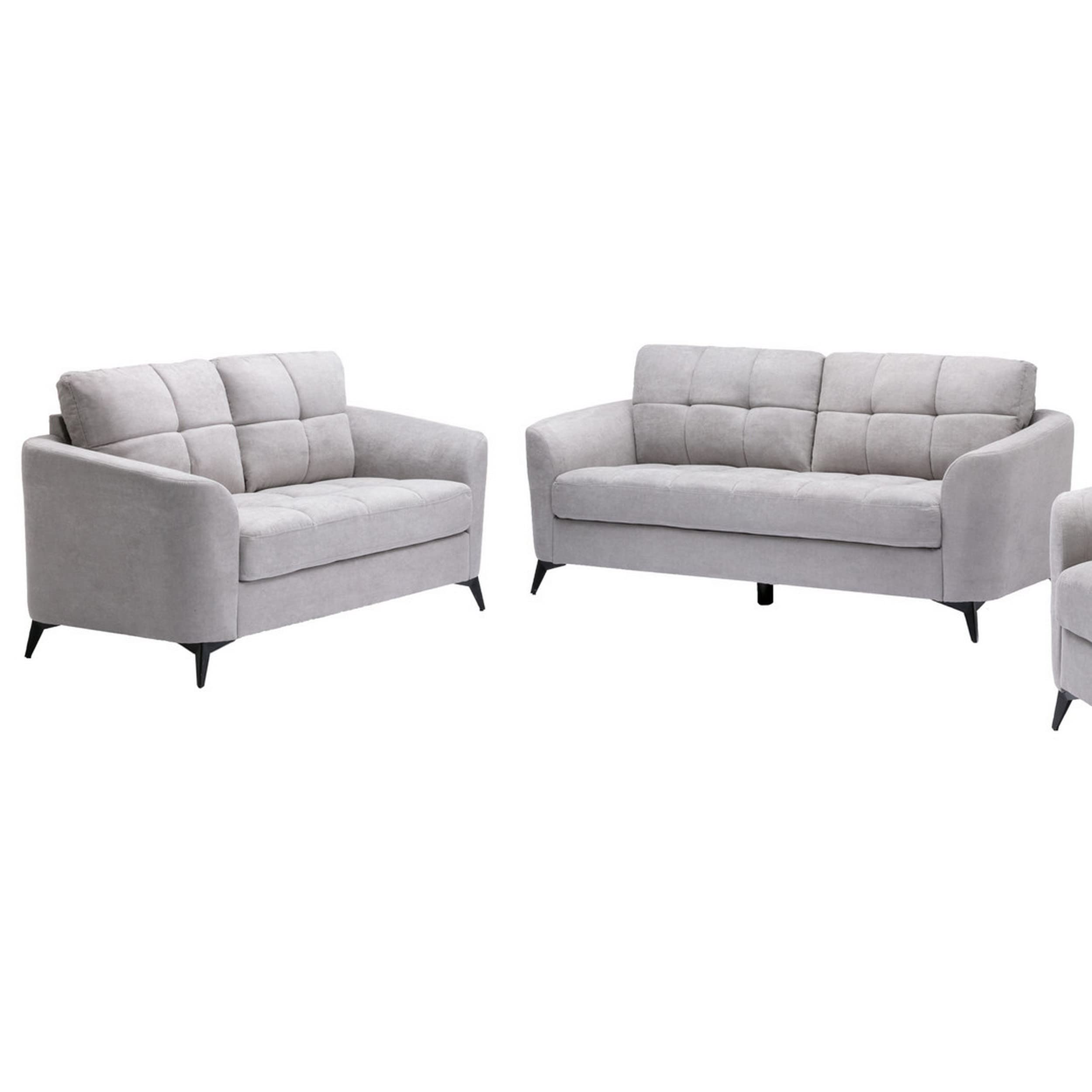 Benjara Odin 2 Piece Sofa and Loveseat Set, Tufted Cushions, Light Gray Linen Upholstery