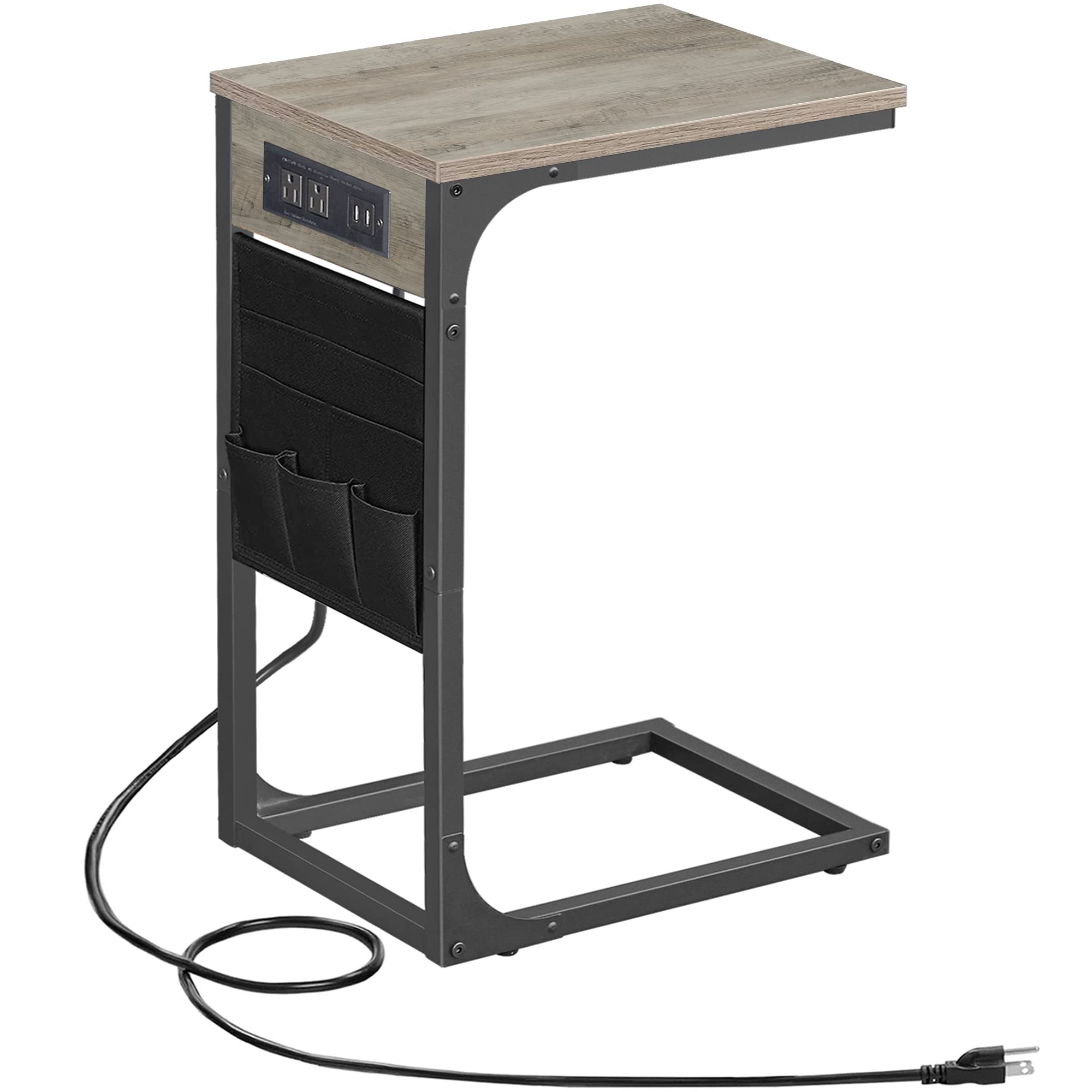 TUTOTAK C Shaped End Table with Charging Station, Side Table for Sofa, Couch Table with Storage Bag, TV Tray Table with 2 USB Po