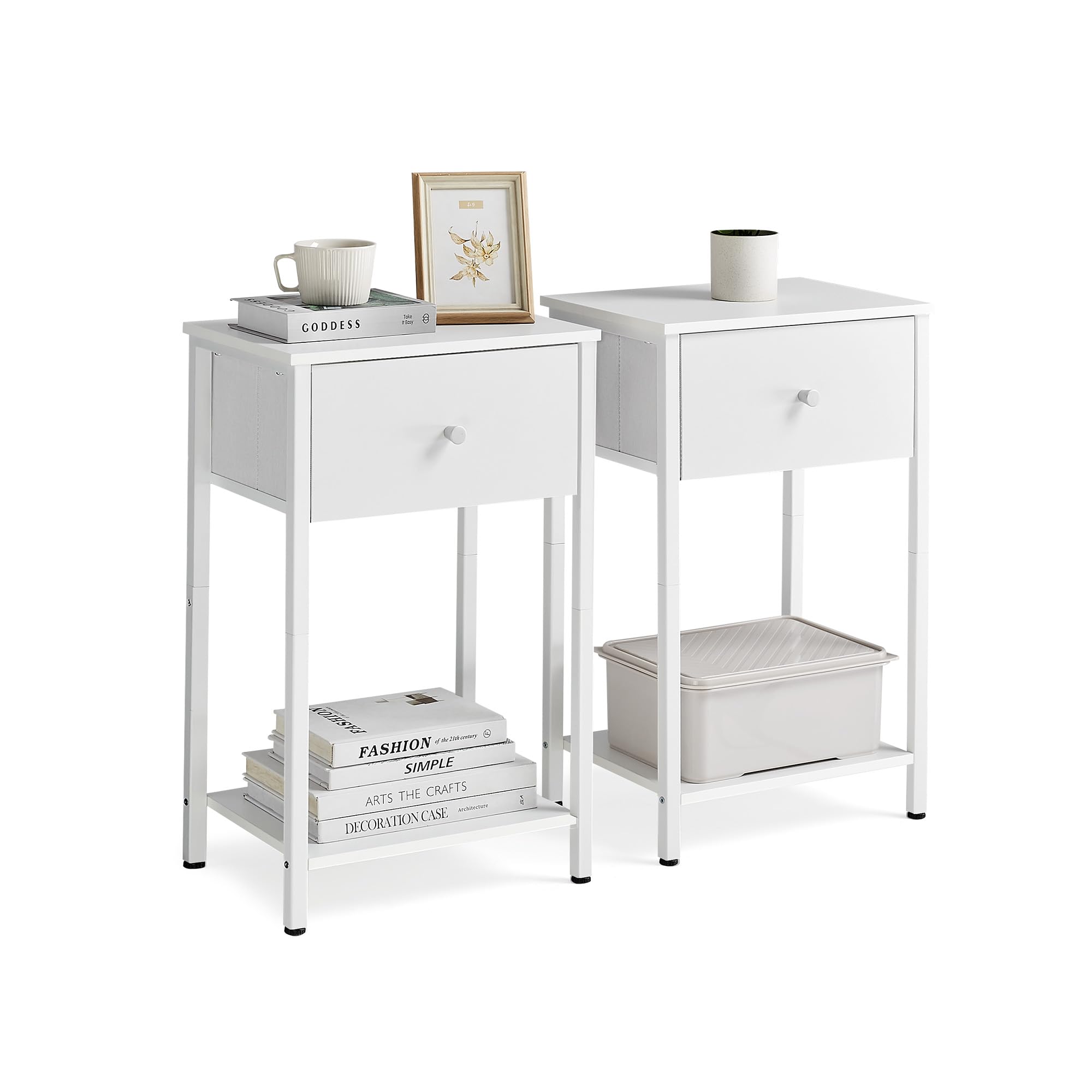 VASAGLE Nightstands, Set of 2 Side Tables with Fabric Drawer, 24-Inch Tall End Tables with Storage Shelf, Bedroom, White ULGS221