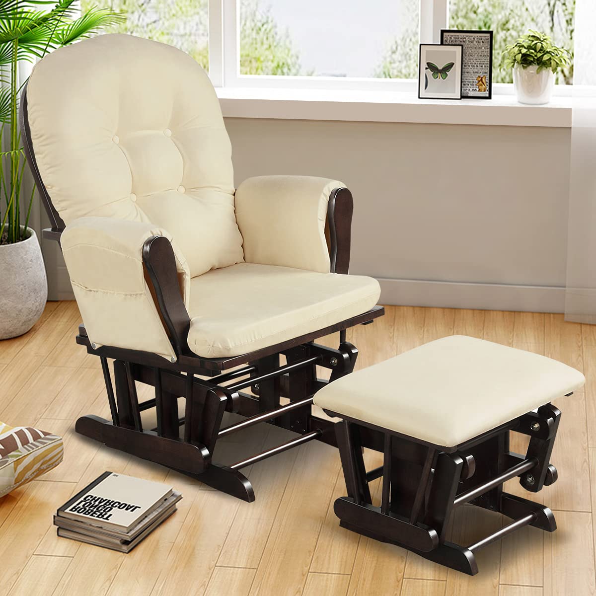Costzon Glider and Ottoman Set, Wood Glider Rocker for Nursery, Upholstered Comfort Nursing Rocking Chair with Storage Pocket, P