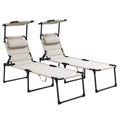 Outsunny 2 Pieces Outdoor Lounge Chair, Adjustable Backrest Folding Chaise Lounge, Cushioned Tanning Chair with Sunshade Roof & 