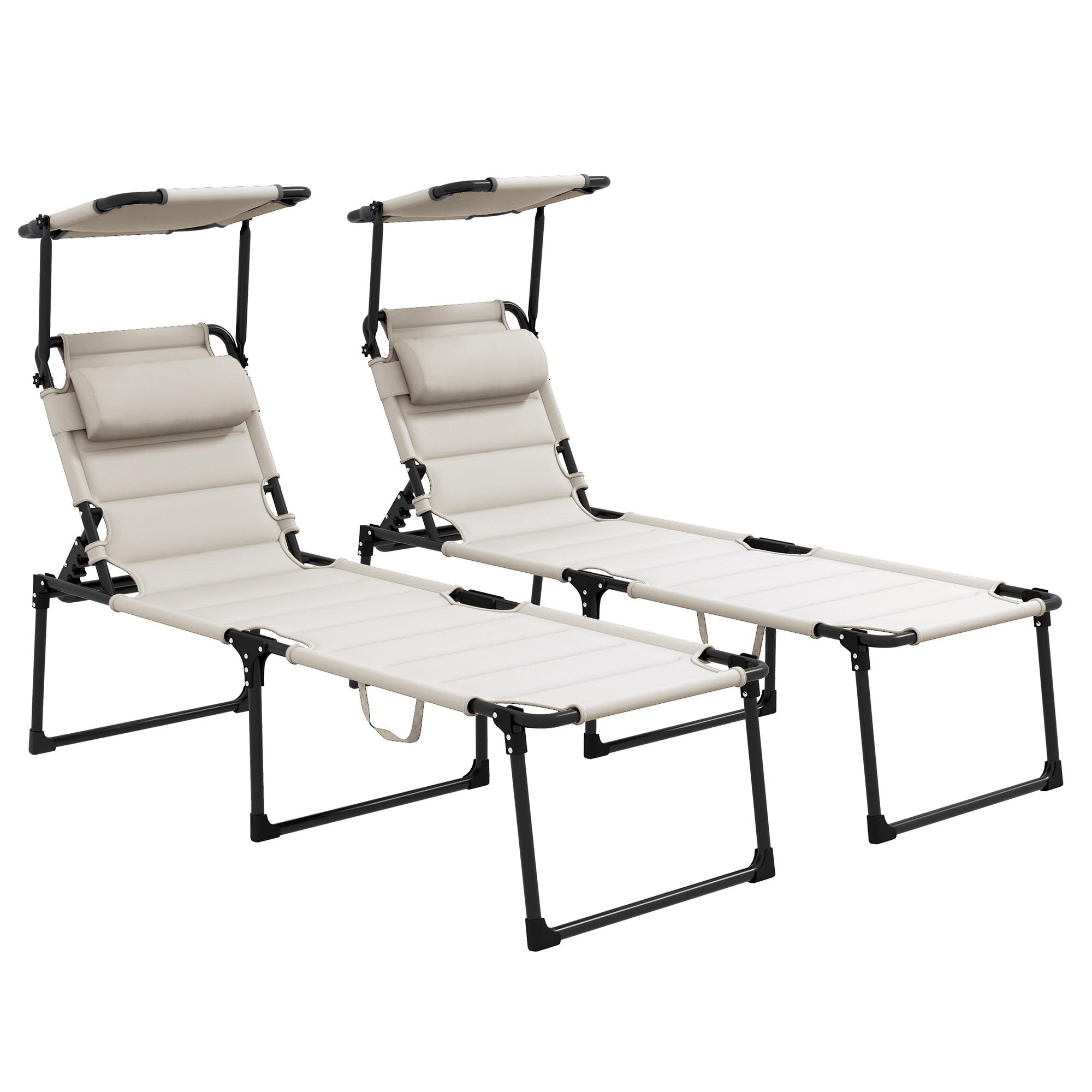 Outsunny 2 Pieces Outdoor Lounge Chair, Adjustable Backrest Folding Chaise Lounge, Cushioned Tanning Chair with Sunshade Roof & 