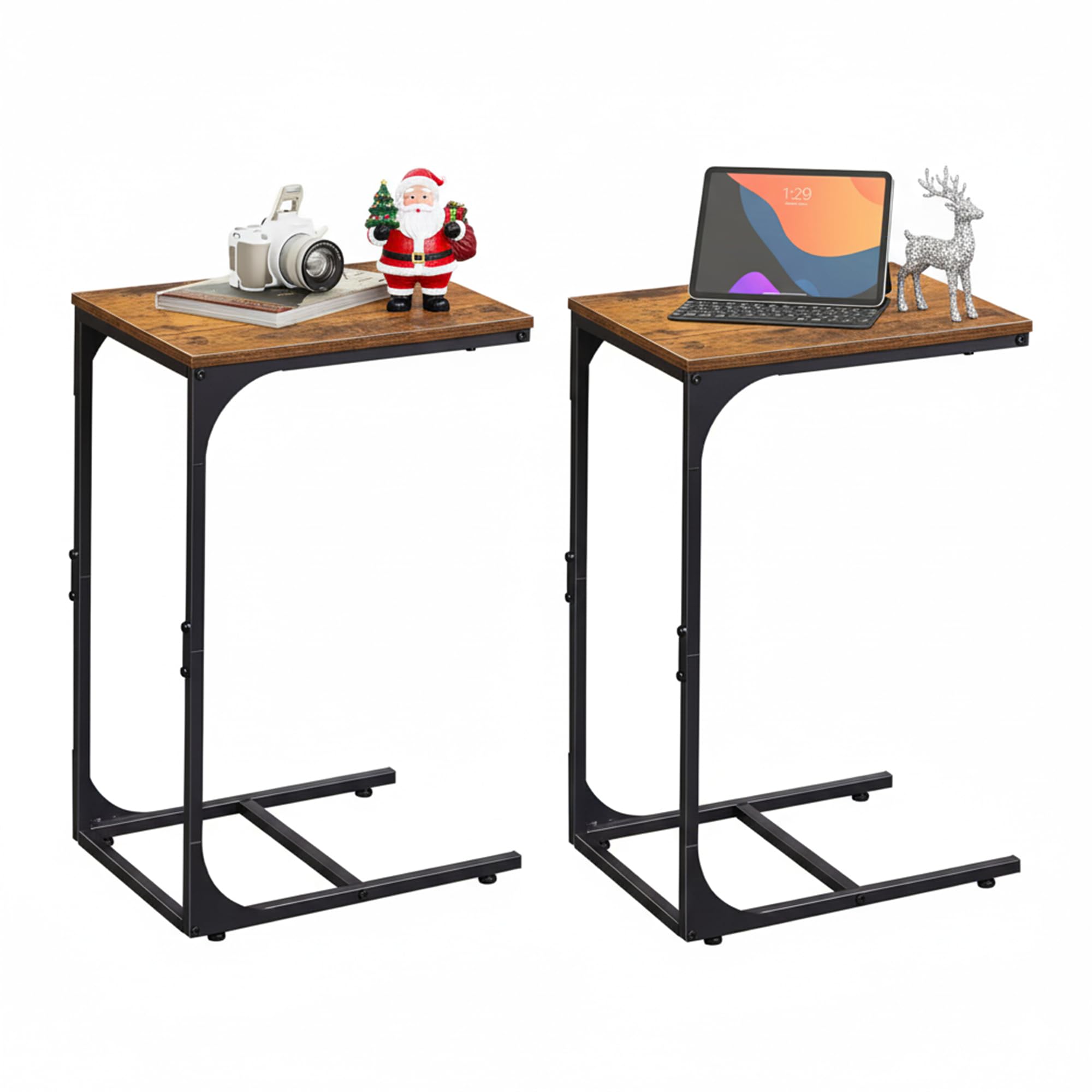 WLIVE C-Shaped End Table Set of 2, Small Couch Side Tables with Metal Frame, Sofa Table TV Tray for Living Room, Bedroom, Rustic