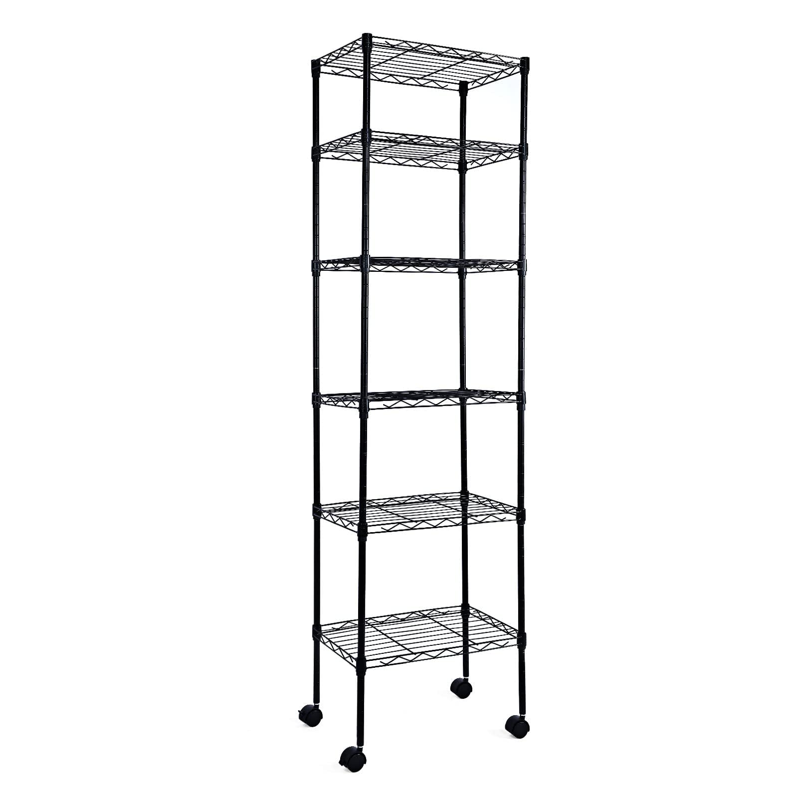 Simple Deluxe 6-Tier Storage Shelves, 17.32 W x 11.42 D x 64.96 H Adjustable Shelving Unit with Wheels and Hanging Hooks, Black