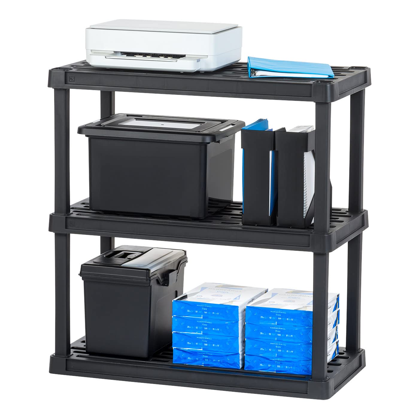 IRIS USA 3-Tier Heavy Duty Plastic Shelving Unit, 37.9 Tall - 100lbs per Shelf, Modular Garage Rack Storage Organizer for Home, 