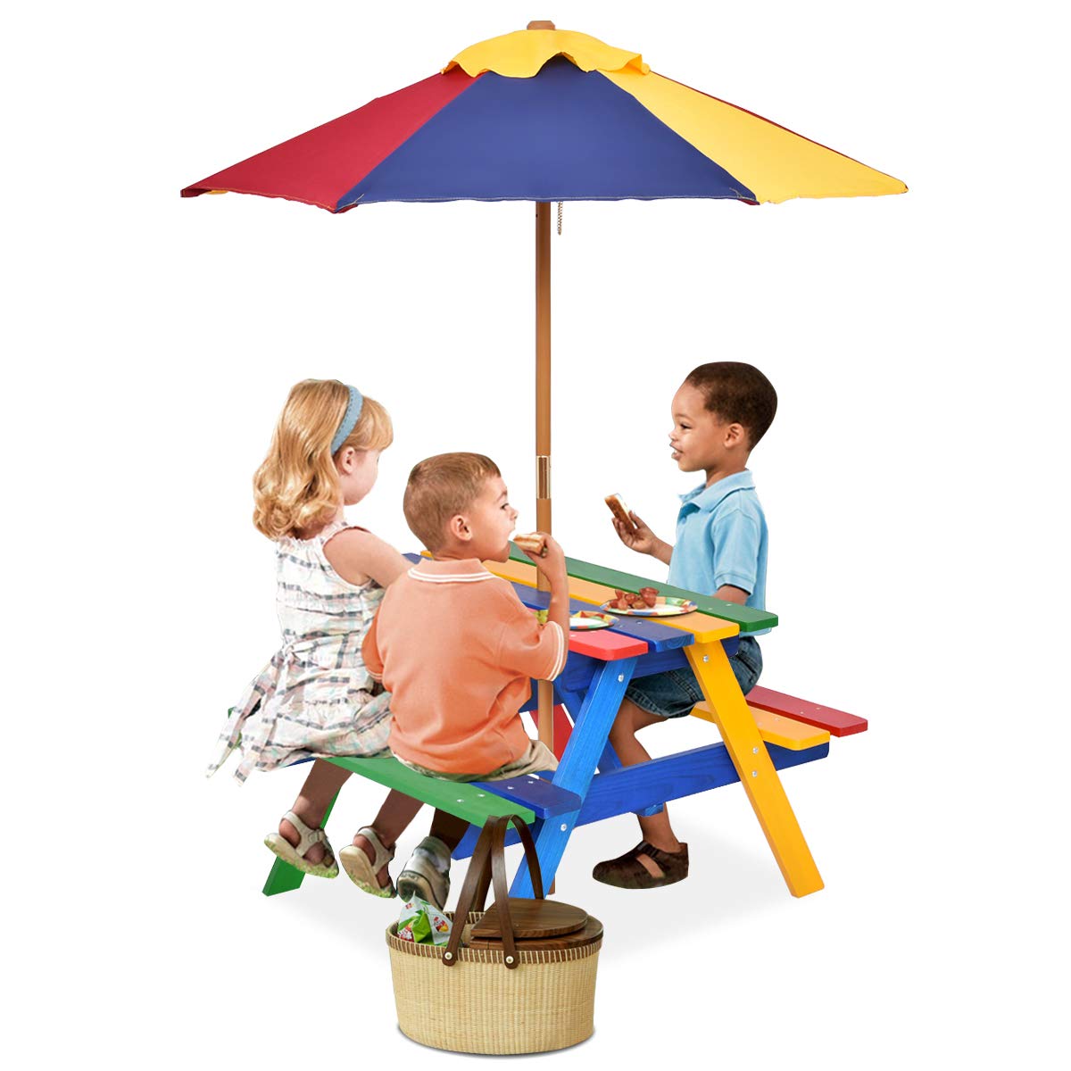 HONEY JOY Kids Picnic Table, Toddler Wooden Outdoor Table and Bench Set with Foldable & Removable Umbrella, Kids Picnic Tables f