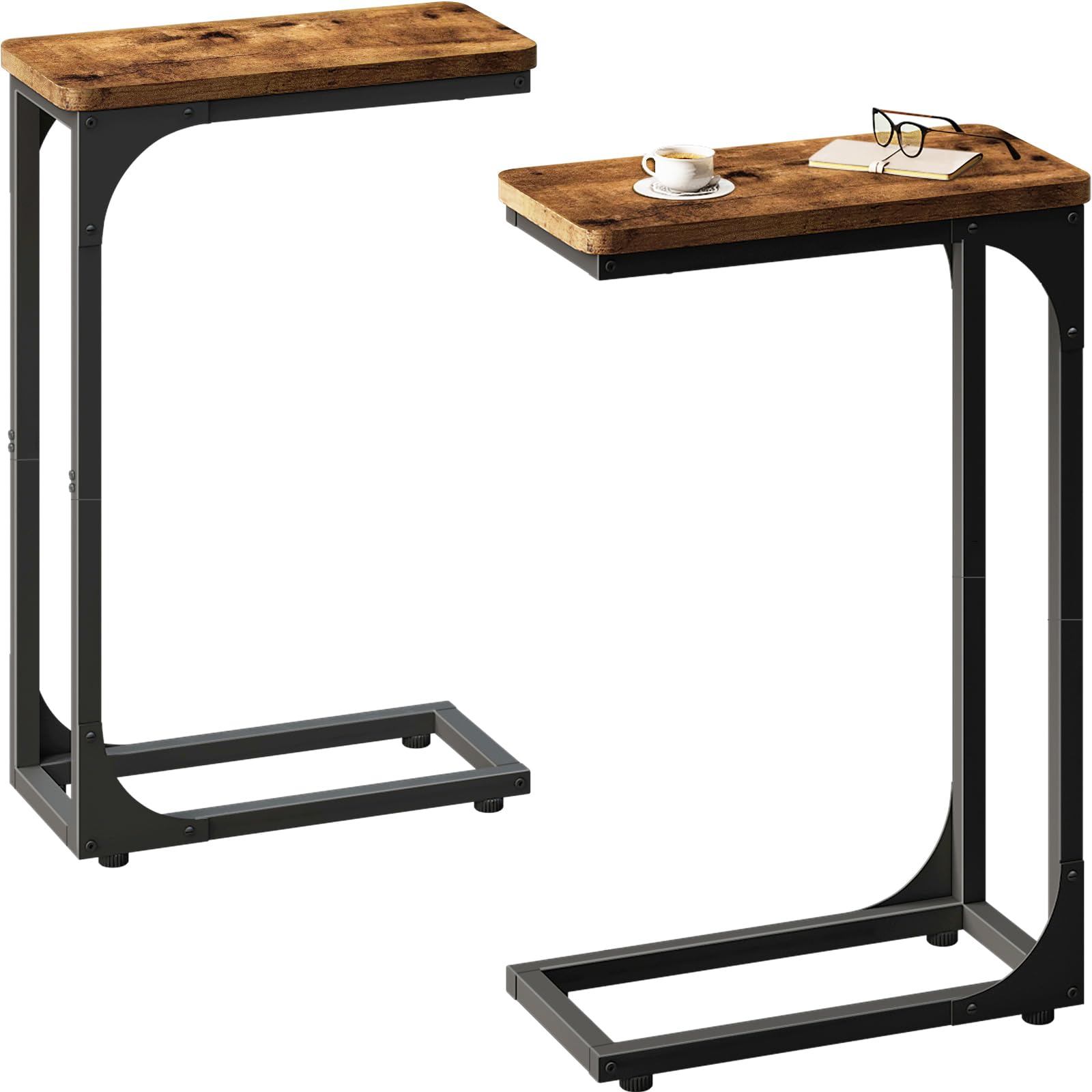 QEEIG Narrow C Shaped Side Table Set of 2 Living Room Sets Slim Couch Tray Tables Skinny Thin Small Farmhouse 7 inch Width, Rust