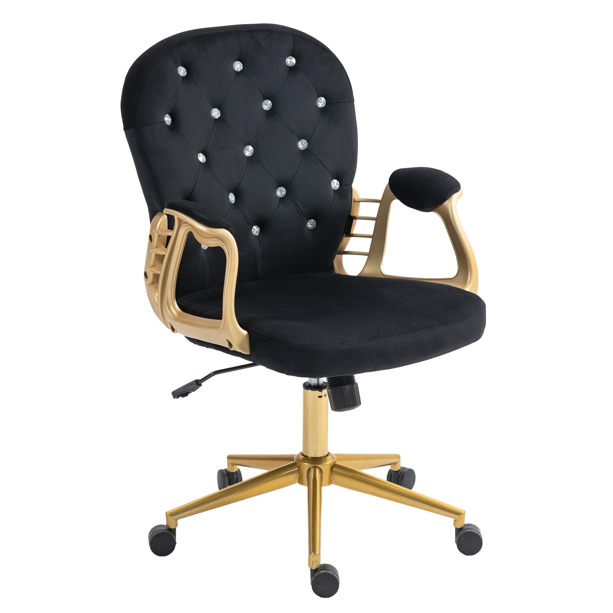 cayglow Velvet Office Desk Chair Comfy with Gold Base, Comfortable Makeup Vanity Chair with Back and Wheels,Button Tufted Armcha