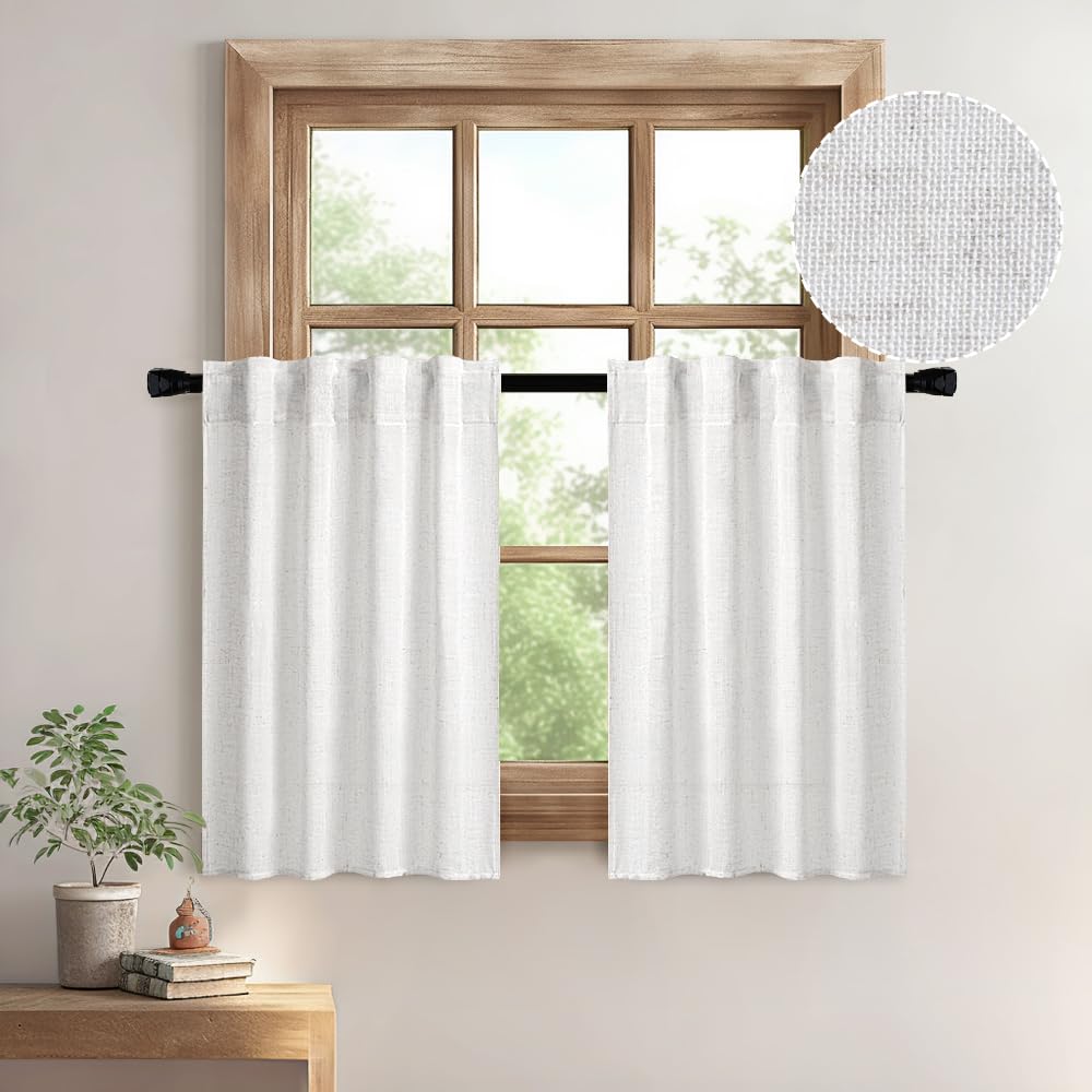 MIULEE White Curtains 30 Inch Length 2 Panels, Soft Thick Linen Textured Semi Sheer Light Filtering Kitchen Window Curtains Over