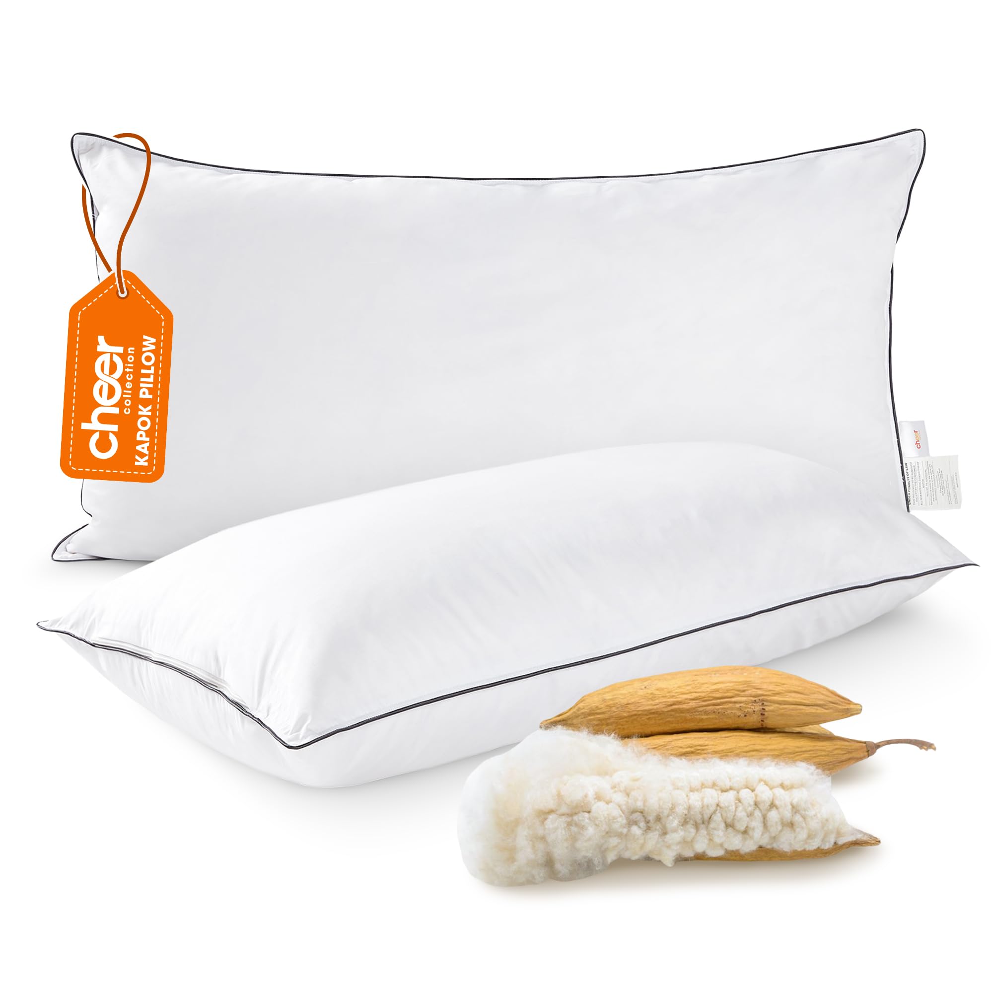 Cheer Collection Set of 2 Organic Kapok Bed Pillows, Natural Kapok Fiber Filled Sleeping Pillows and Sham Inserts, King Size, 20