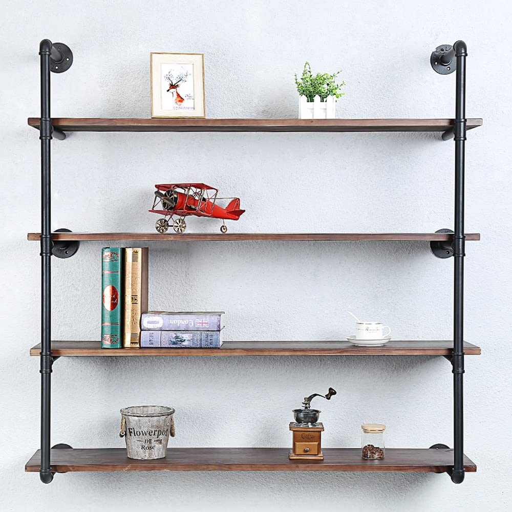 Industrial Pipe Shelving Wall Mounted,48in Rustic Metal Floating Shelves,Steampunk Real Wood Book Shelves,Wall Shelf Unit Booksh
