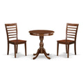 East West Furniture ESML3-MAH-W 3 Piece Dining Room Furniture Set Contains a Round Dining Table with Pedestal and 2 Wood Seat Ch