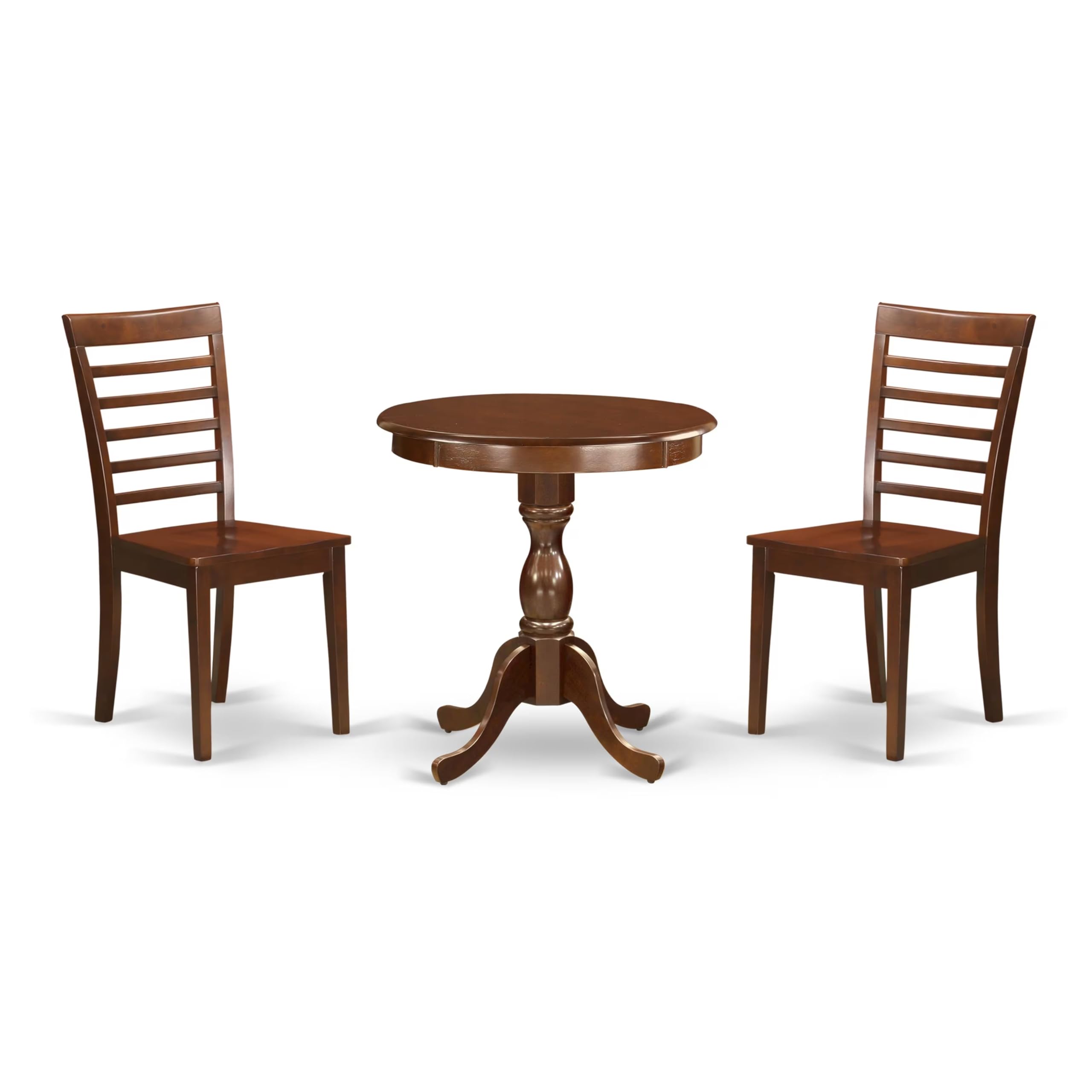 East West Furniture ESML3-MAH-W 3 Piece Dining Room Furniture Set Contains a Round Dining Table with Pedestal and 2 Wood Seat Ch