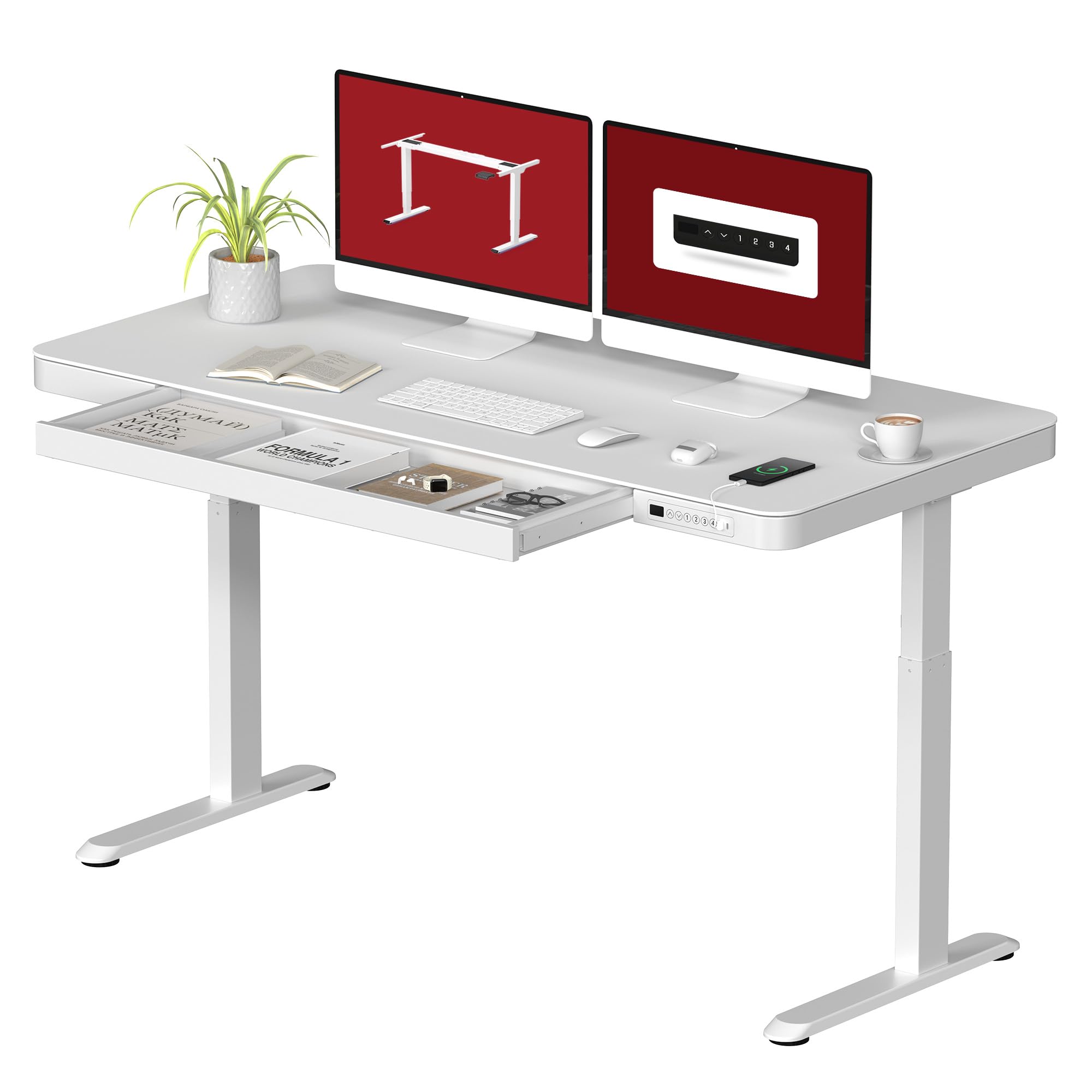 Standing Desk with Drawer, Electric Height Adjustable Home Office Desk with Storage & USB Ports, 55 inch White Wood Tabletop/Whi