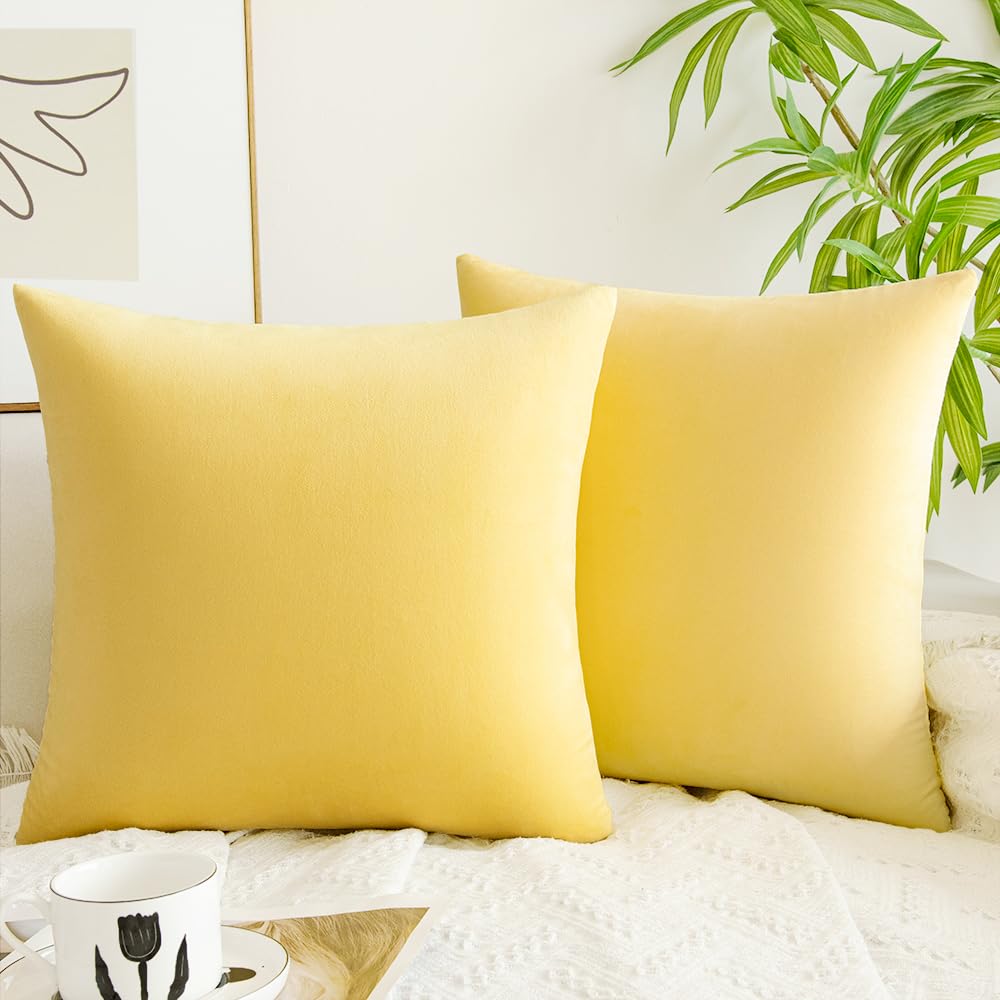 QUORGVES Yellow Throw Pillow Covers 20x20 Inch Spring Summer Pillow Covers Pack of 2 Soft Square Lemon Solid Velvet Throw Pillow