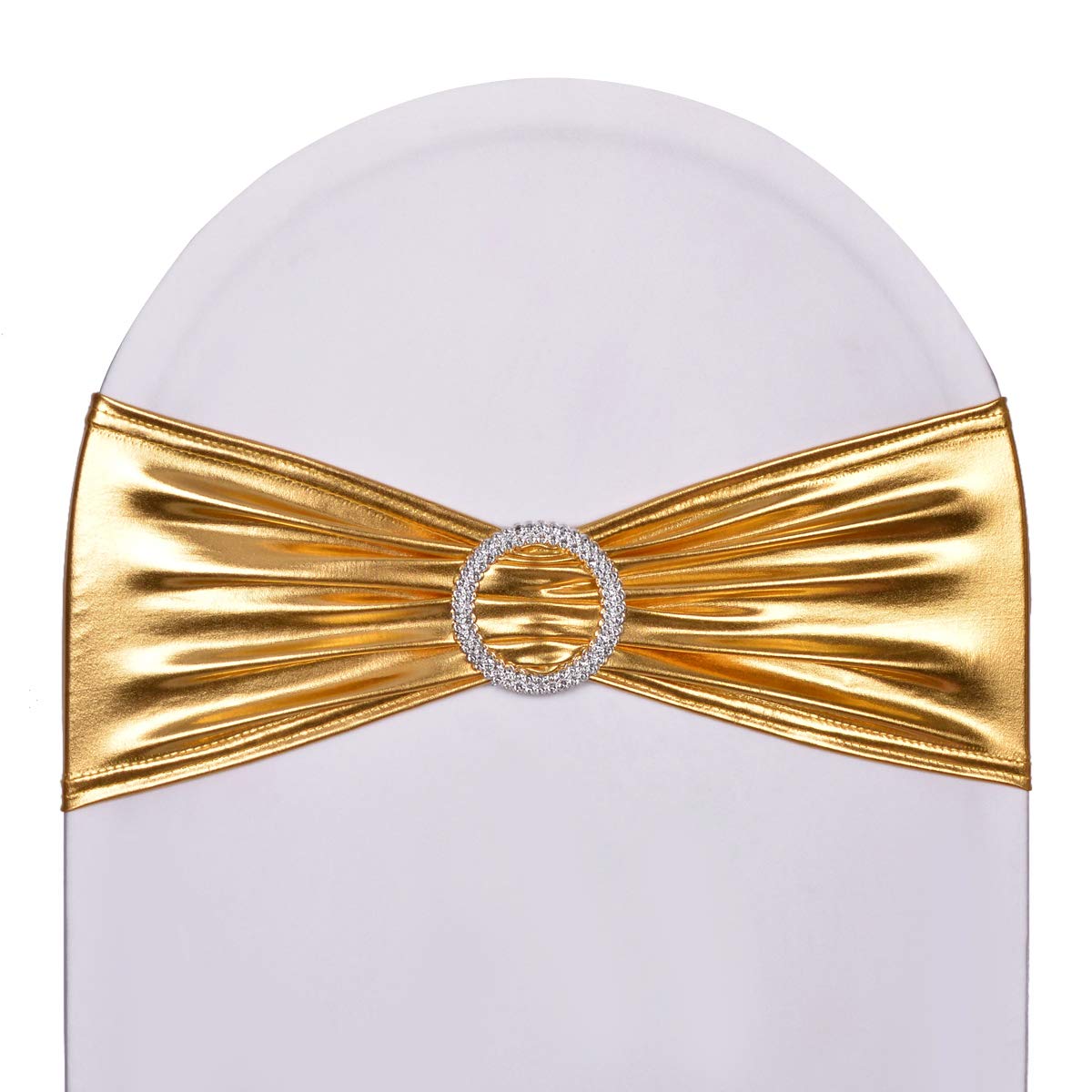 SweetEasy 50pcs Metallic Golden Stretch Spandex Chair Sashes with Buckle for Christmas Wedding Party Banquet celebration baby sh