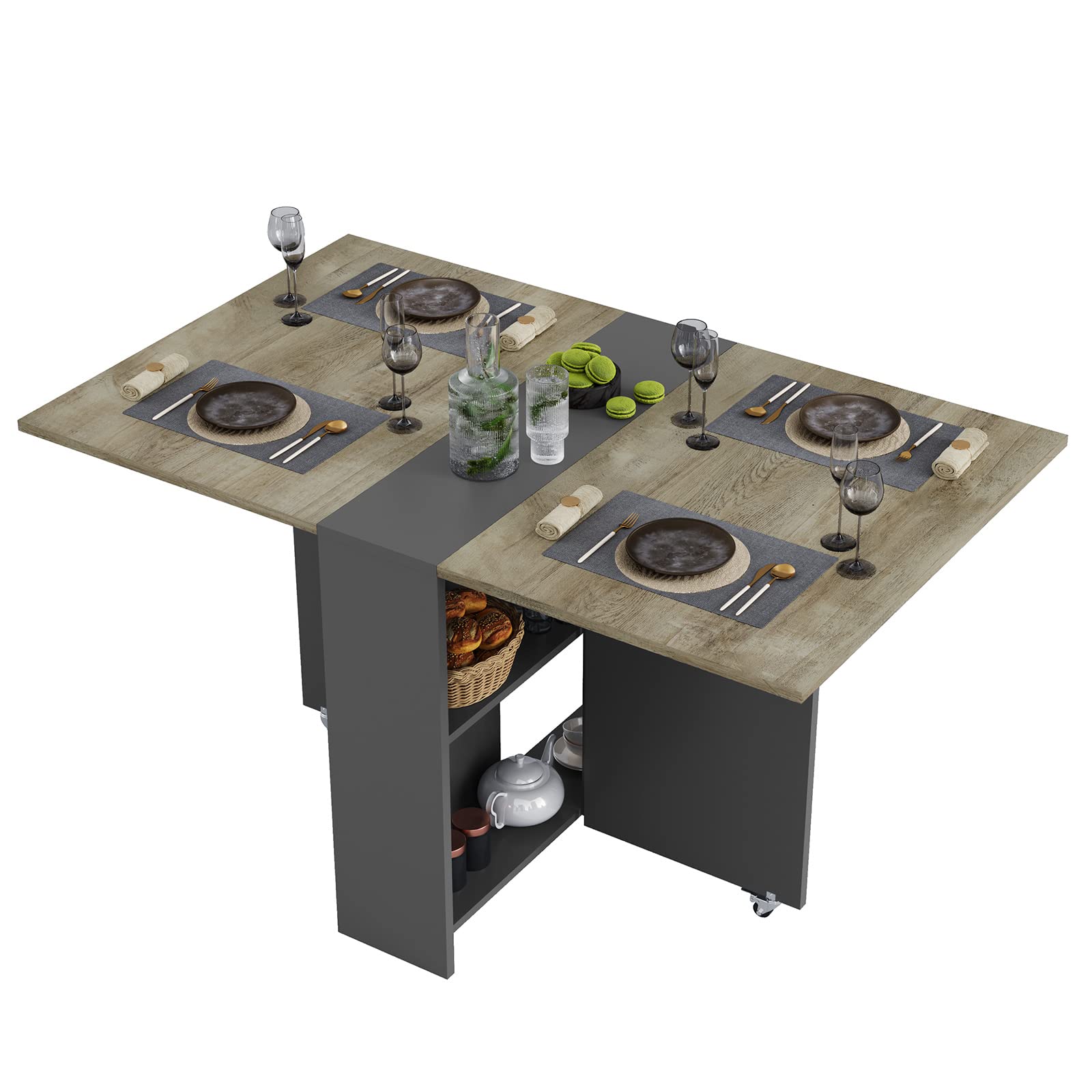 Tiptiper Folding Dining Table with 2 Storage Racks, Drop Leaf Table with 6 Wheels, Multifunction Expandable Table for Kitchen, B