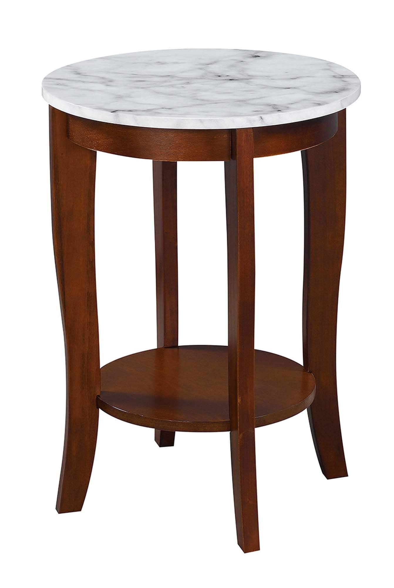 Convenience Concepts American Heritage Round End Table, White Faux Marble / Espresso
