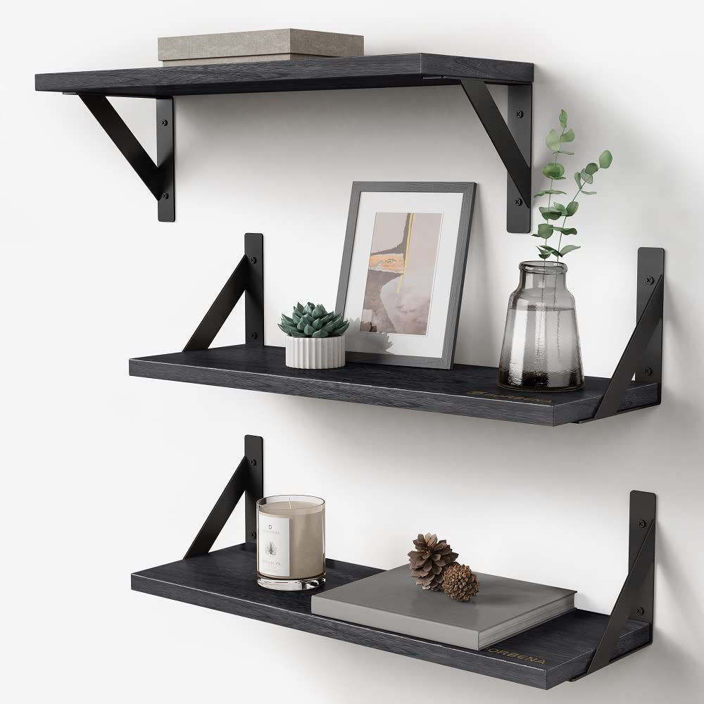 Forbena Black Floating Shelves Bathroom Set of 3, Wooden Wall Book Shelves, Rustic Shelf for Storage, Bathroom Organizer, Living