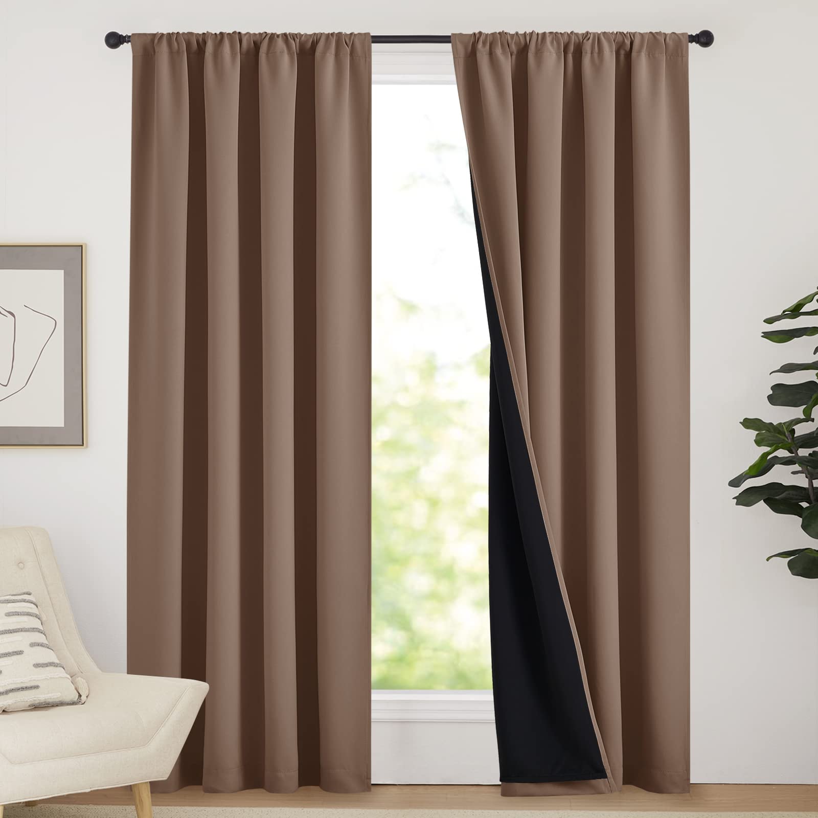 NICETOWN Cold Reducing Curtains, Full Blackout Curtains Thermal, Noise Reduction and Privacy Curtains for Patio Door, Black Line