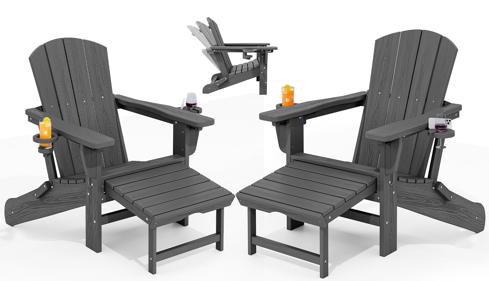 KINGYES Folding Adjustable Adirondack Chair with Retractable Ottoman Set of 2, HDPE All Weather Chair with Cup Holder, Wood-Like