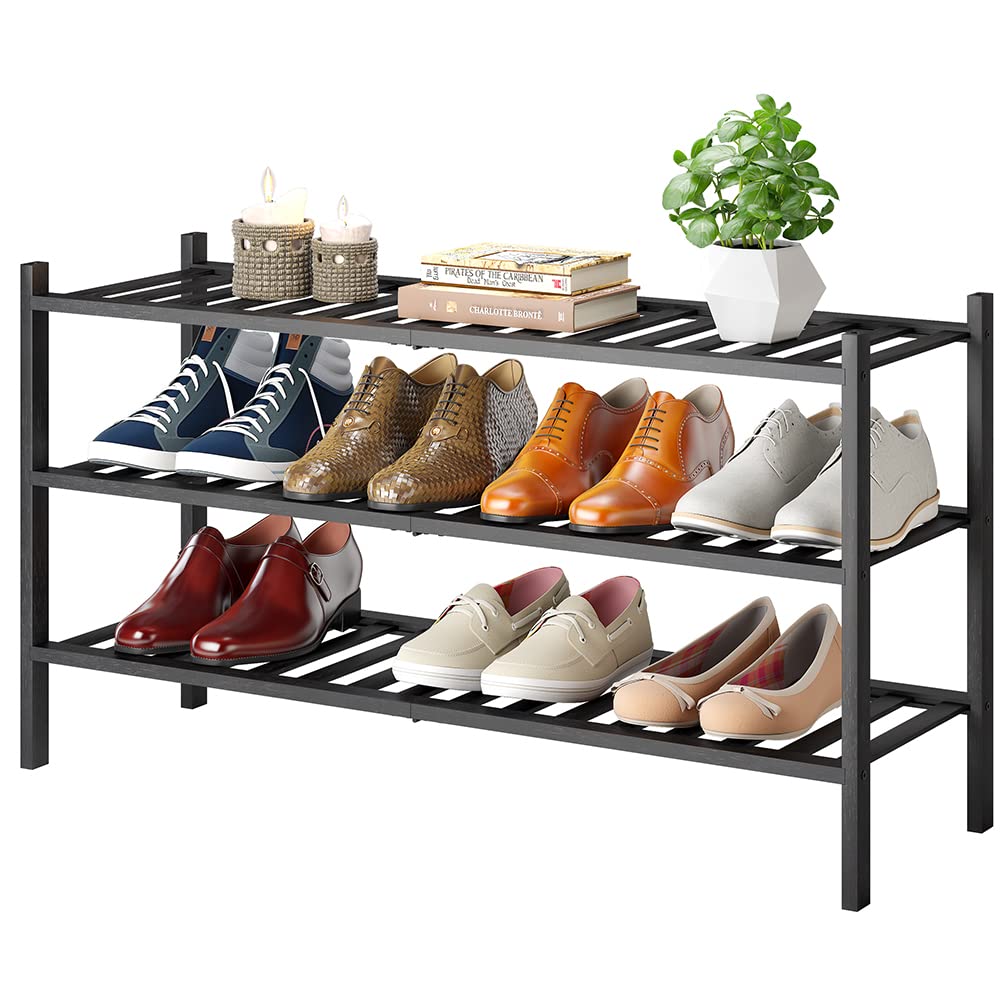Furshus Long Shoe Rack, 3-Tier Bamboo Stackable Shoe Shelf Storage Organizer, Shoe Stand for Closet, Entryway and Hallway