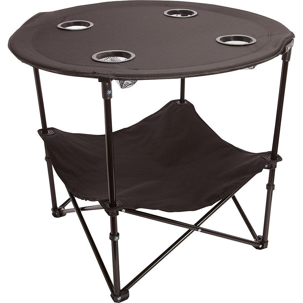 Preferred Nation | 2 Tier Folding Camping Table with 4 Mesh Cup Holders Black | Polyester with Metal Frame | Compact, Convenient