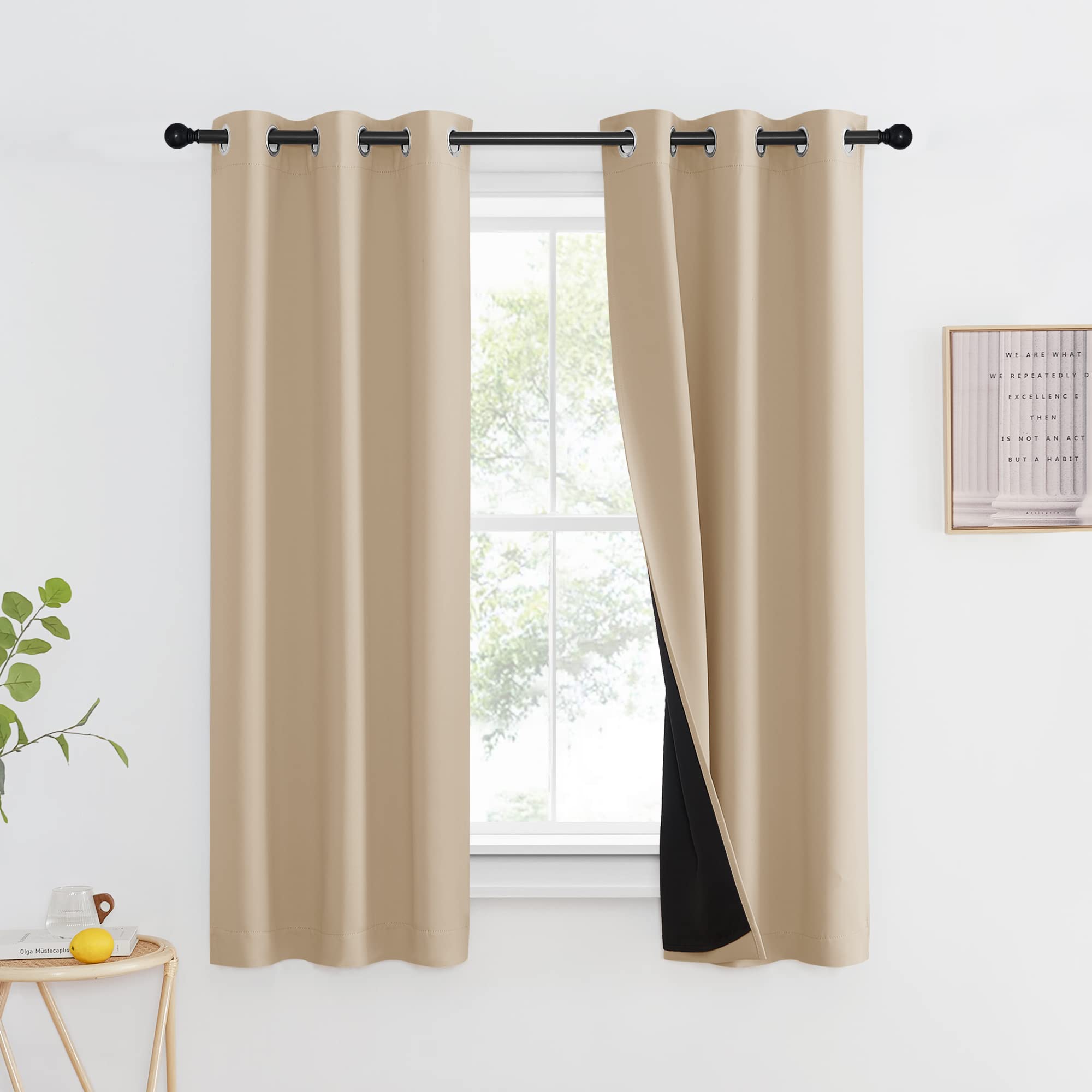 NICETOWN Bedroom Full Blackout Curtain Panel for Shack, Super Thick Insulated Window Cover, Complete Blackout Drapery with Black