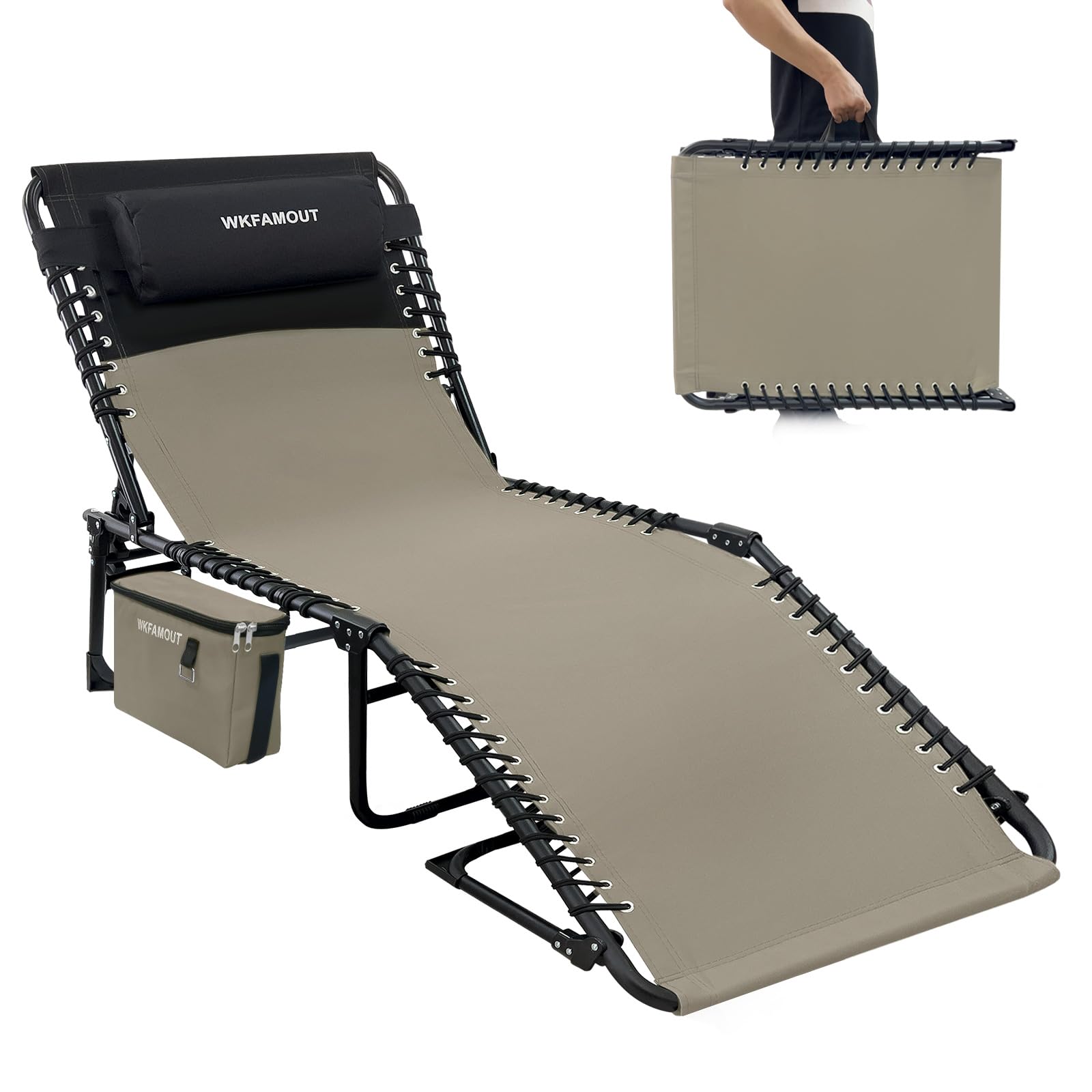 WKFAMOUT Folding Lounge Chair Outdoor with Insulated Cooler Bag Portable for Outside Patio Chaise Lounge Chair 5-Position with P