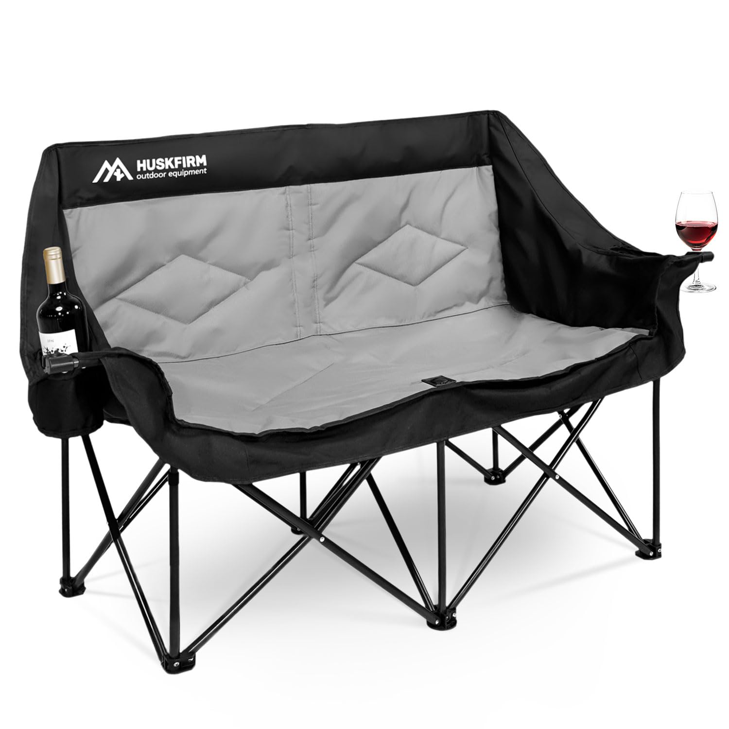 Huskfirm 2 Person Camping Chair Oversized Loveseat Camping Chair Double Camping Chairs for Adults Heavy Duty Camping Couch Black