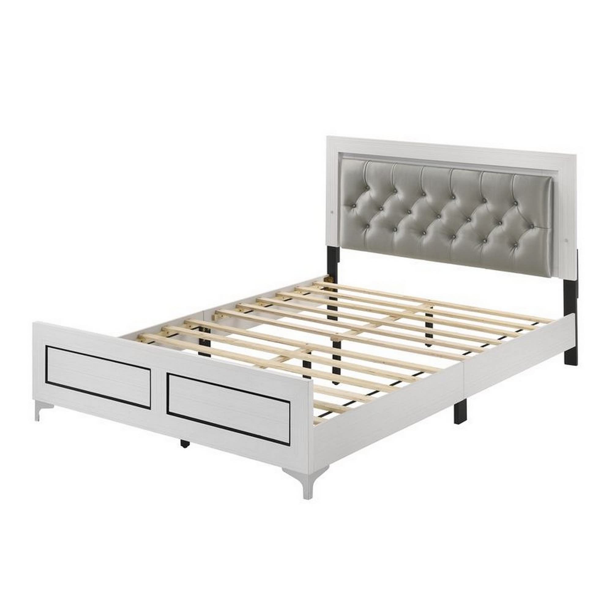 Benjara Elegant Queen Size Bed, LED Trim, Button Tufted Headboard, White
